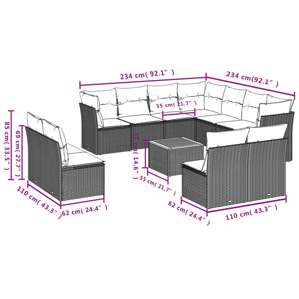 Un set componibile da esterno con dimensioni indicate. È composto da più pezzi in stile rattan.