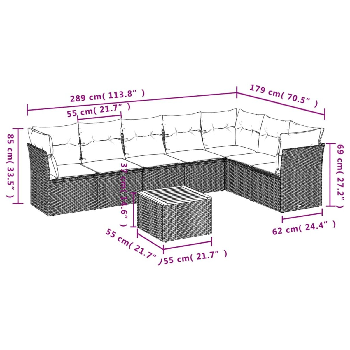 Divano in rattan a forma di L con dimensioni indicate. Include cuscini e un tavolino quadrato. Sfondo bianco.