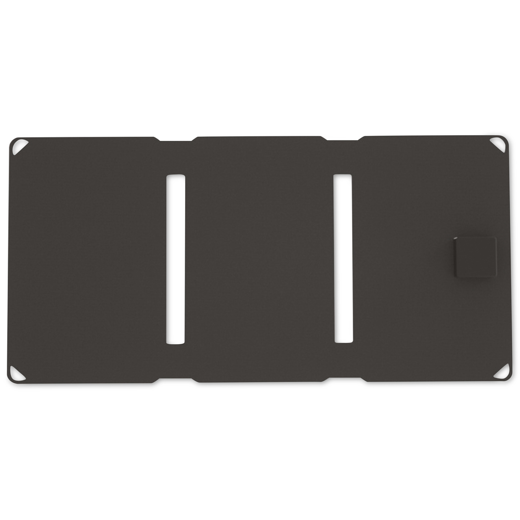 Czarna prostokątna płyta z dwoma prostokątnymi wycięciami i kwadratowym elementem.