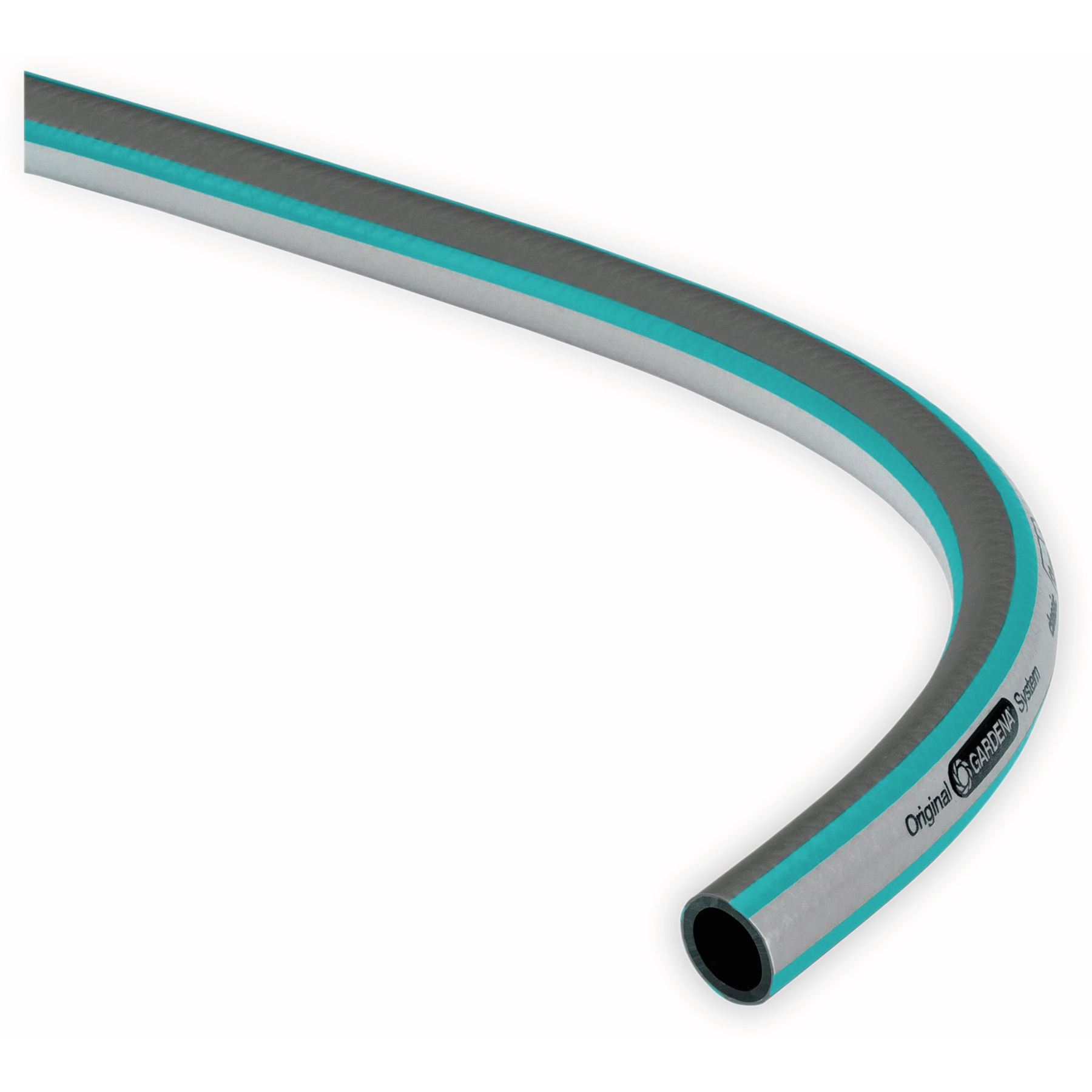 Un tubo di metallo curvo con strisce blu, etichettato 'Original GARDENA System'.