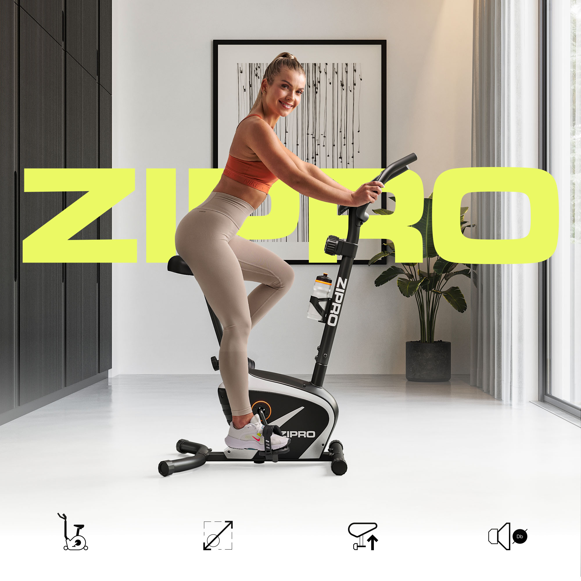 Eine Frau trainiert auf einem schwarz-weißen Heimtrainer mit dem Wort ZIPRO in Gelb.