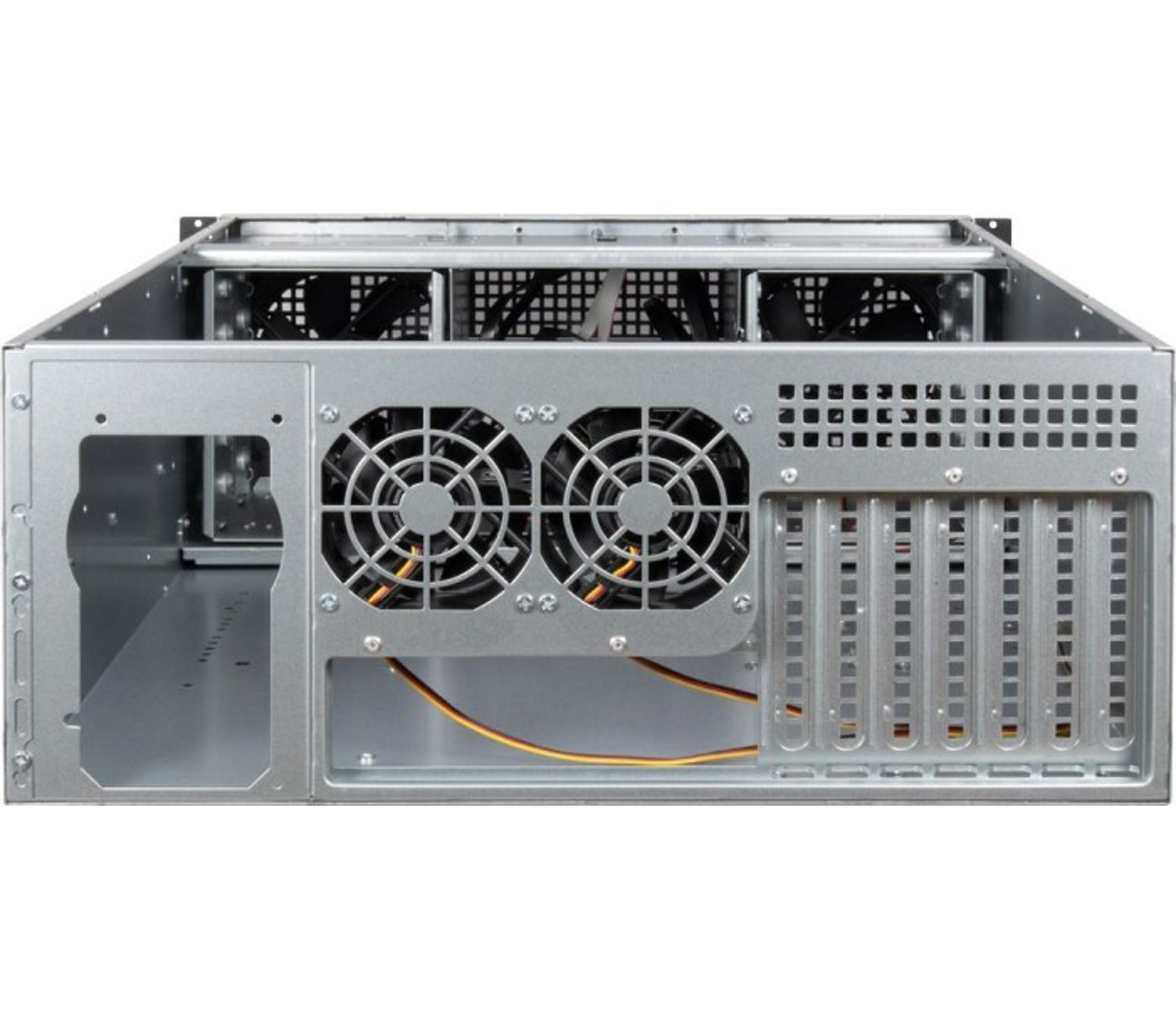 Open computerkast met ventilatoren. Interne componenten zichtbaar. Zilverkleurig.