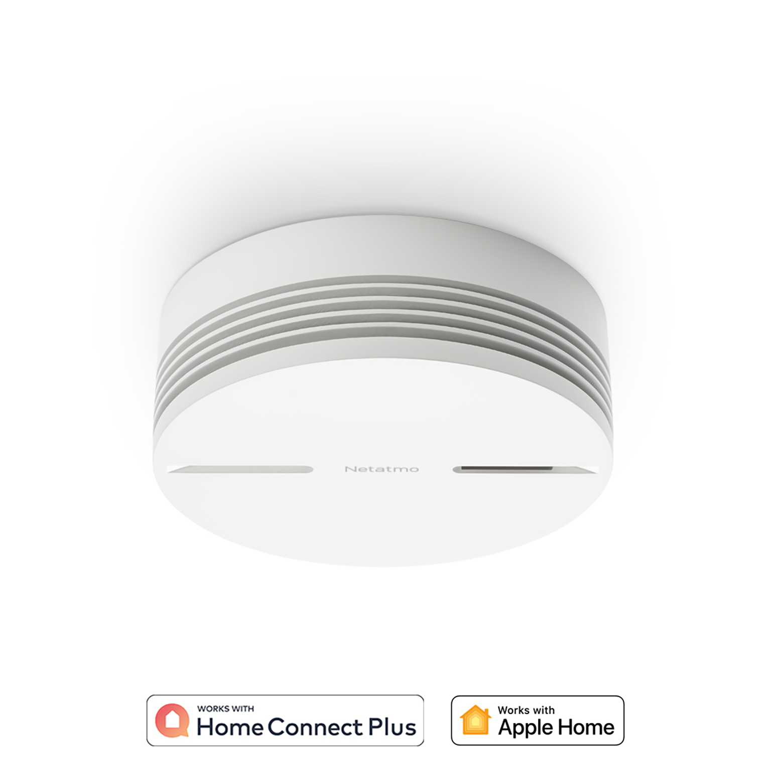 Wit Netatmo-apparaat. Tekst: Werkt met Home Connect Plus, Werkt met Apple Home.