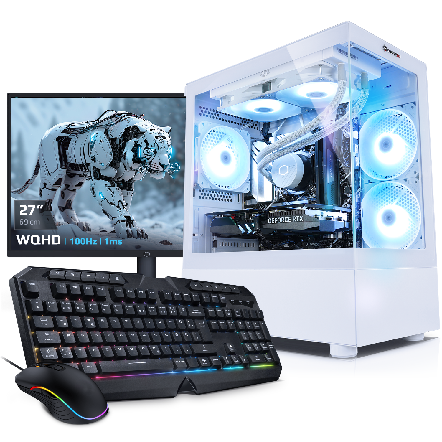 Een witte gaming computeropstelling met een monitor die een tijger weergeeft en een toetsenbord, muis.