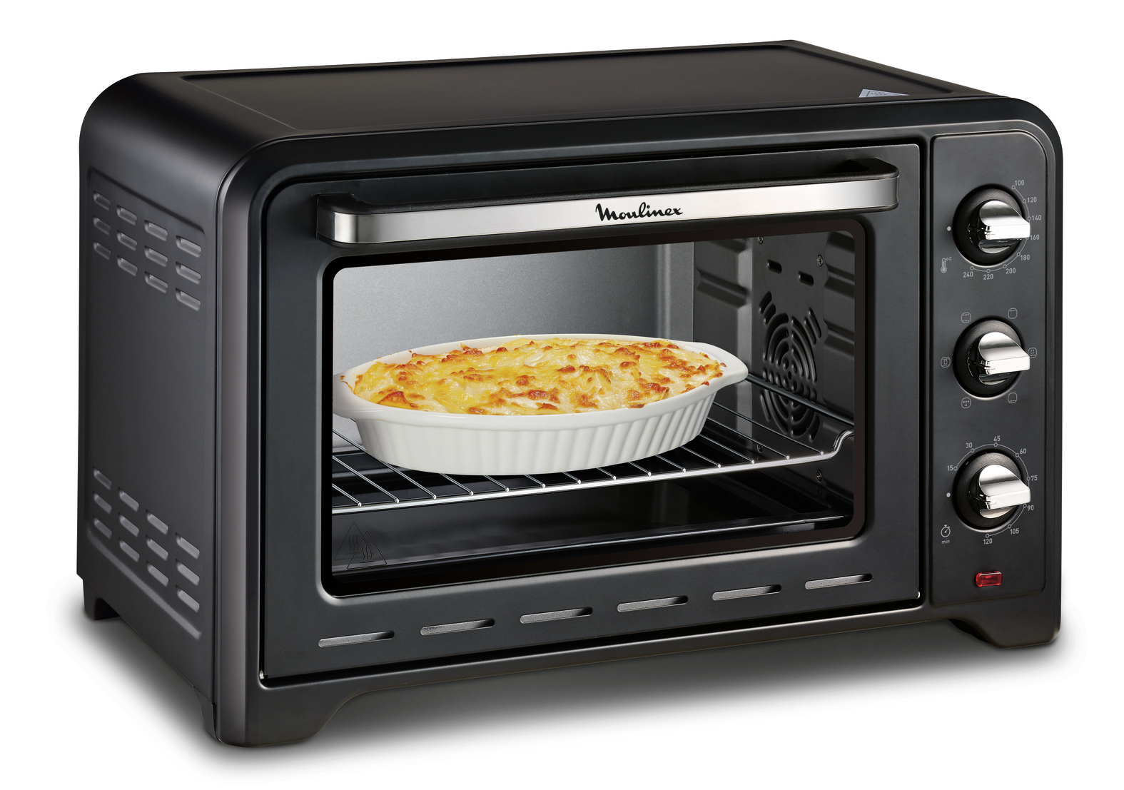 Czarny piekarnik Moulinex z daniem w środku. Srebrny uchwyt i pokrętła.