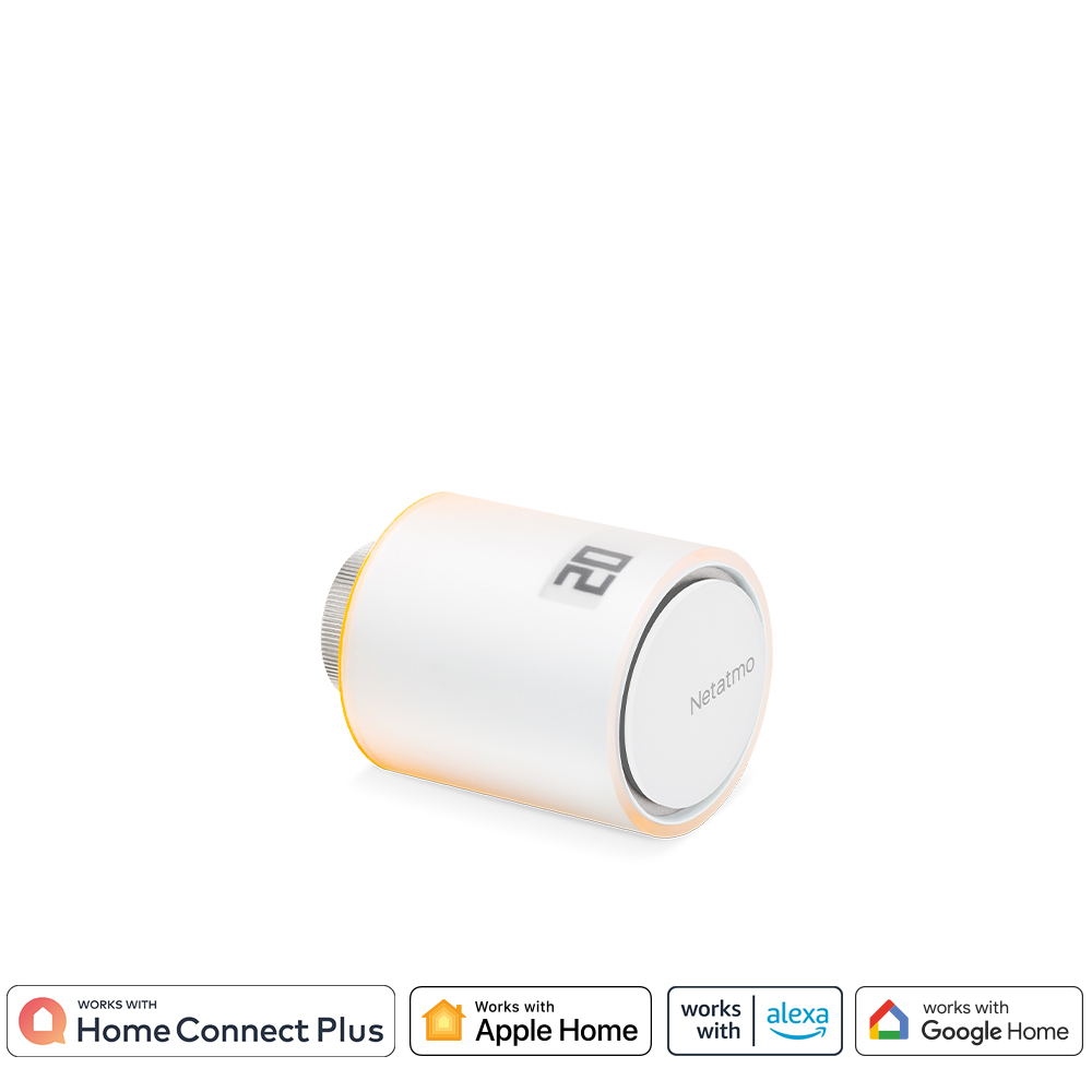 A white smart thermostat with a small screen, below are symbols for home automation systems. Netatmo brand.