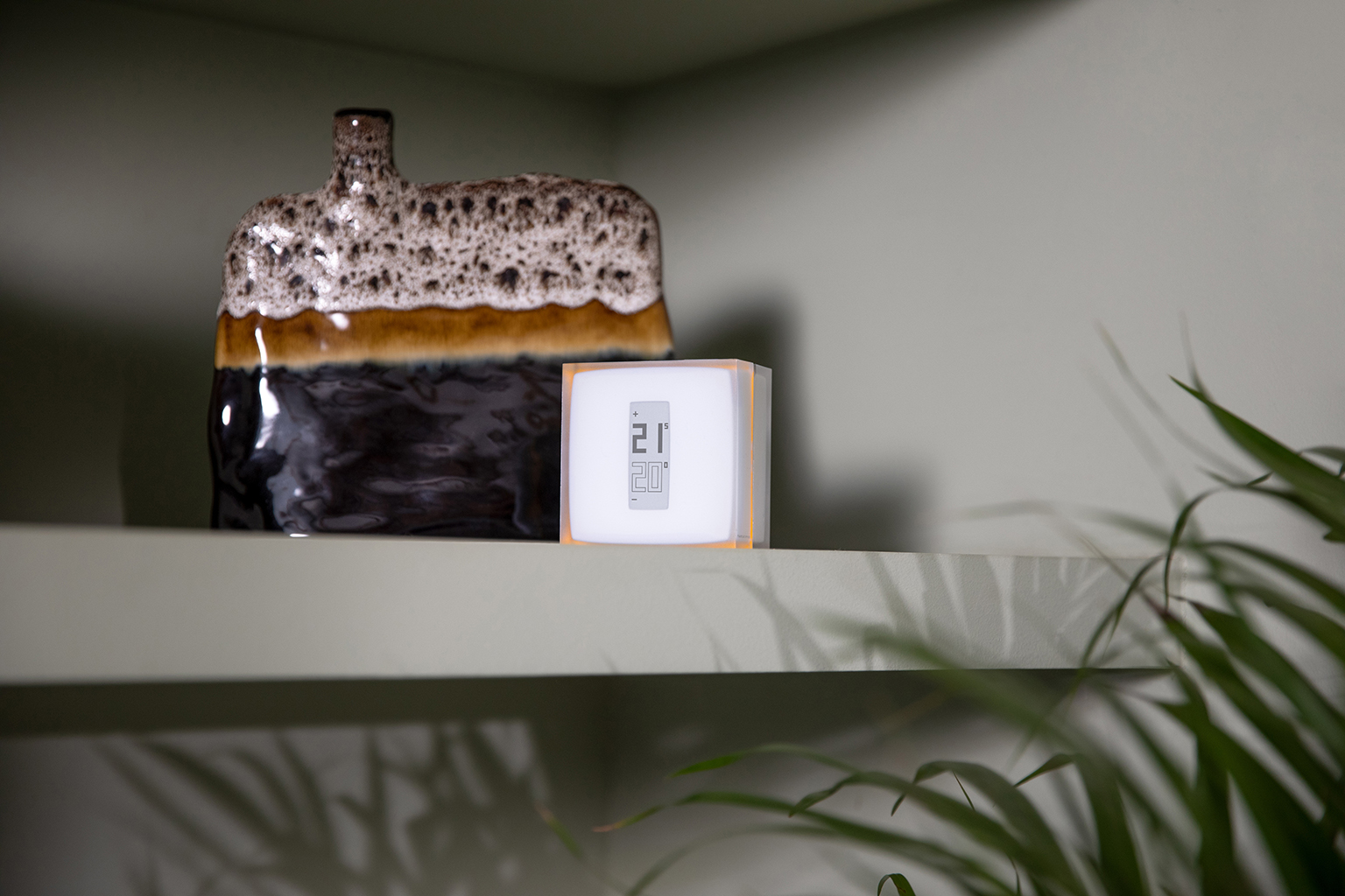 A thermostat with a display showing 21/20, placed on a shelf. A decorative vase and plant are in the background.