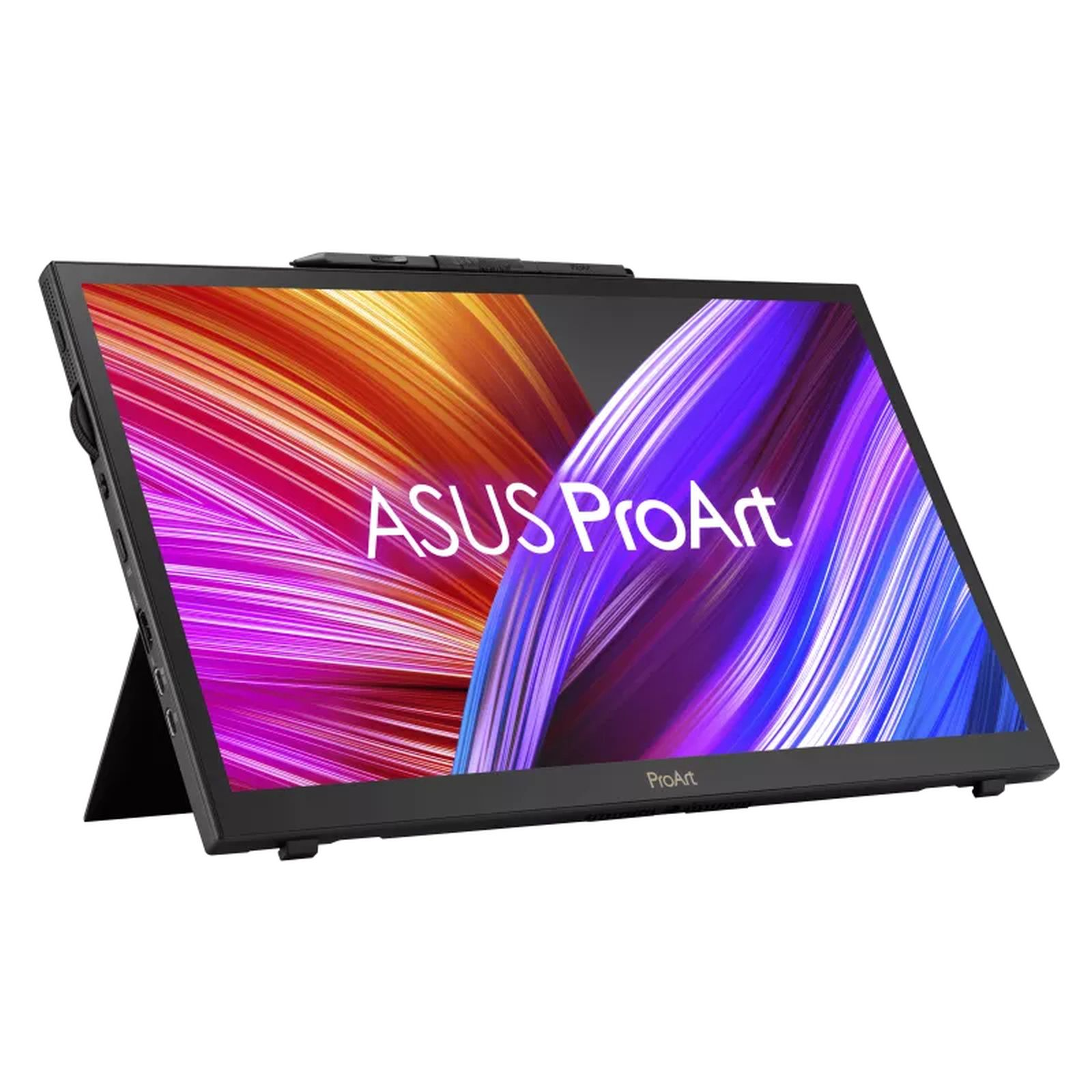 Czarny tablet Asus ProArt z kolorowym ekranem. Stojak go podpiera. Na ekranie widoczne są ProArt i Asus.