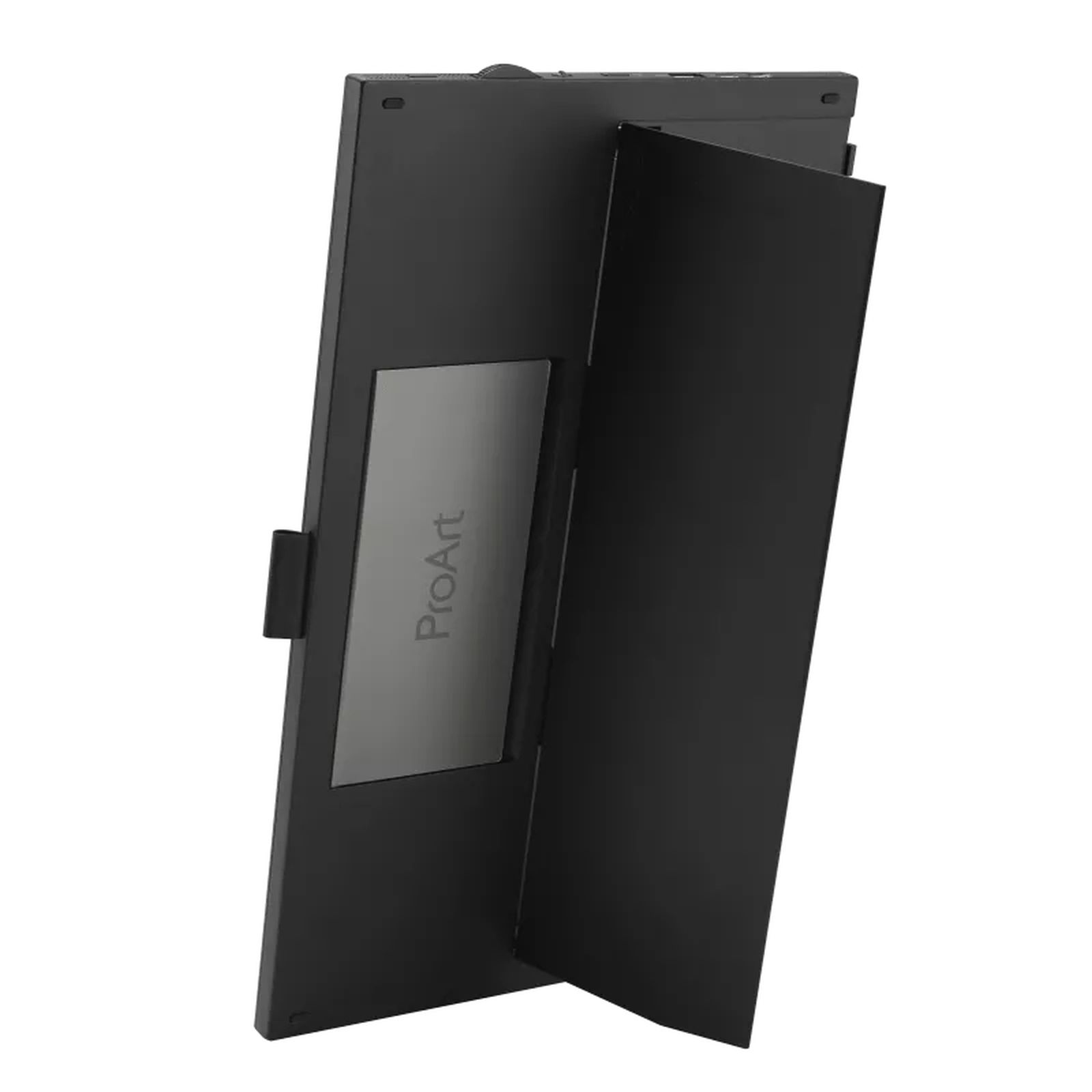 Czarny stojak na monitor z logo ProArt i obróconym ekranem.