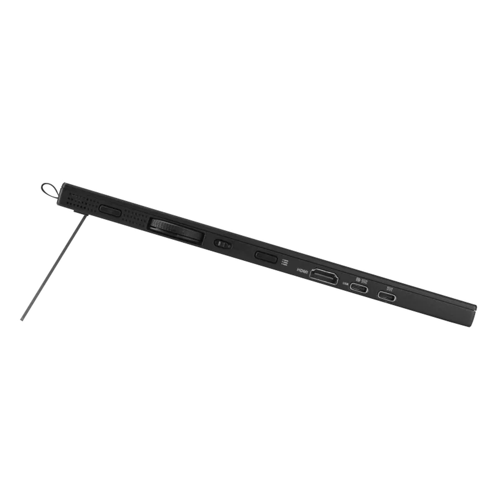 Czarny przenośny monitor z podpórką, pokazujący porty HDMI, USB i zasilania.