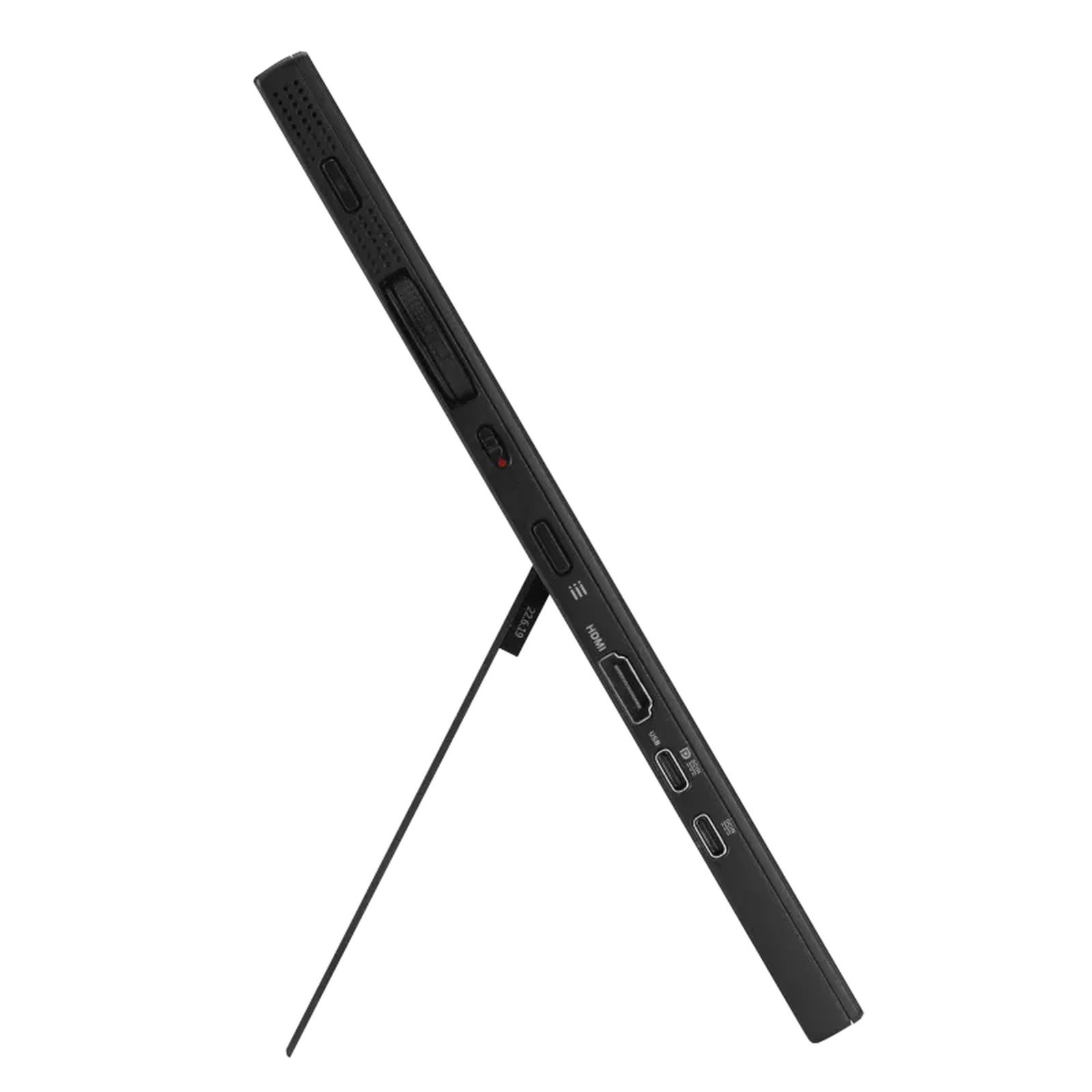 Czarne urządzenie, podparte. Ma porty z boku. Białe tło.