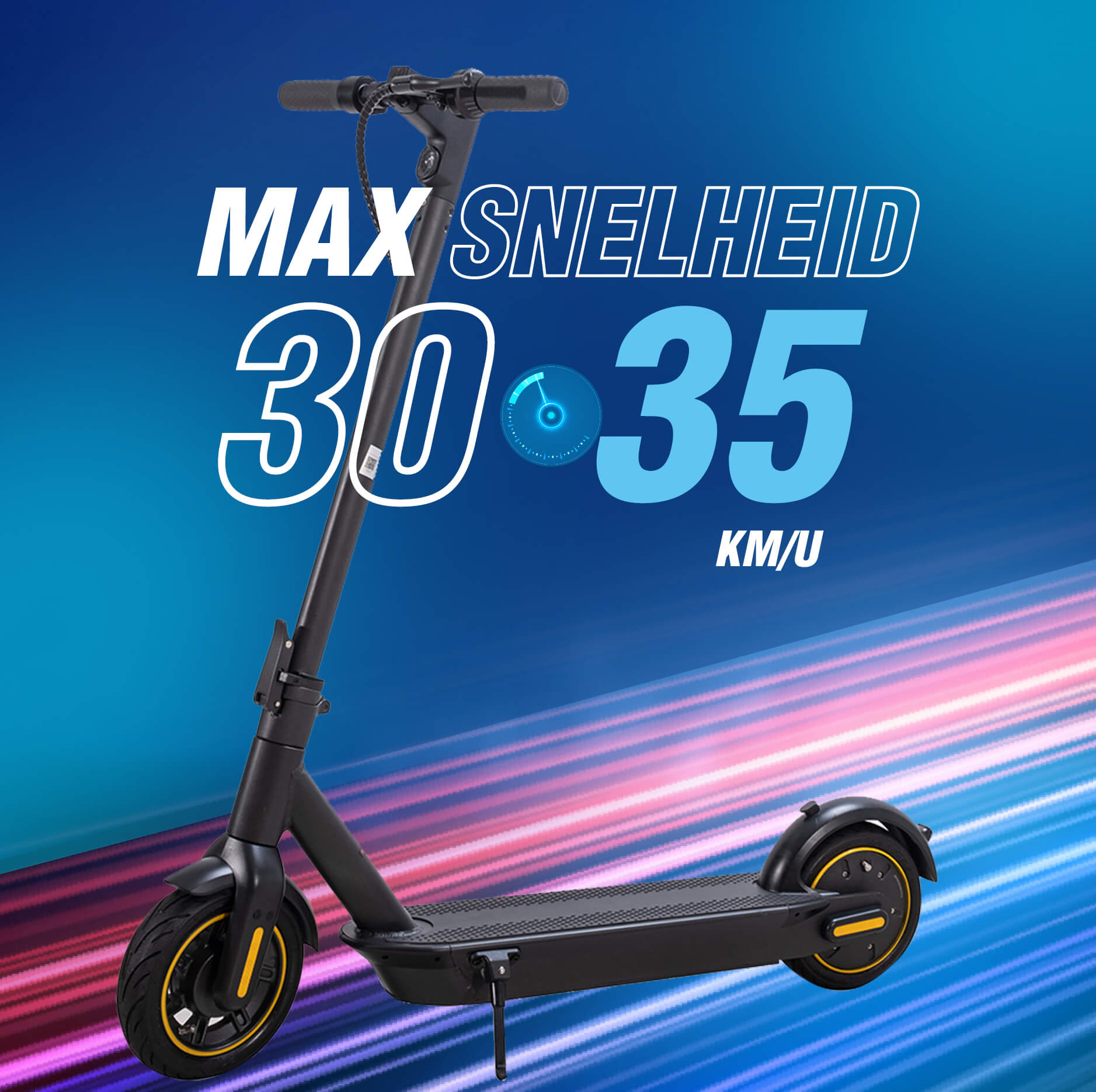 A black electric scooter with a digital display showing a speed of 30-35 KM/U.