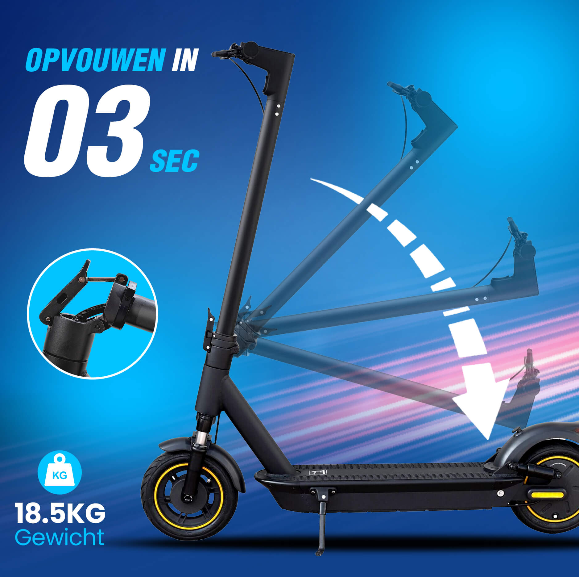Black scooter folding in 3 seconds. Yellow wheels. Weight 18.5 KG.