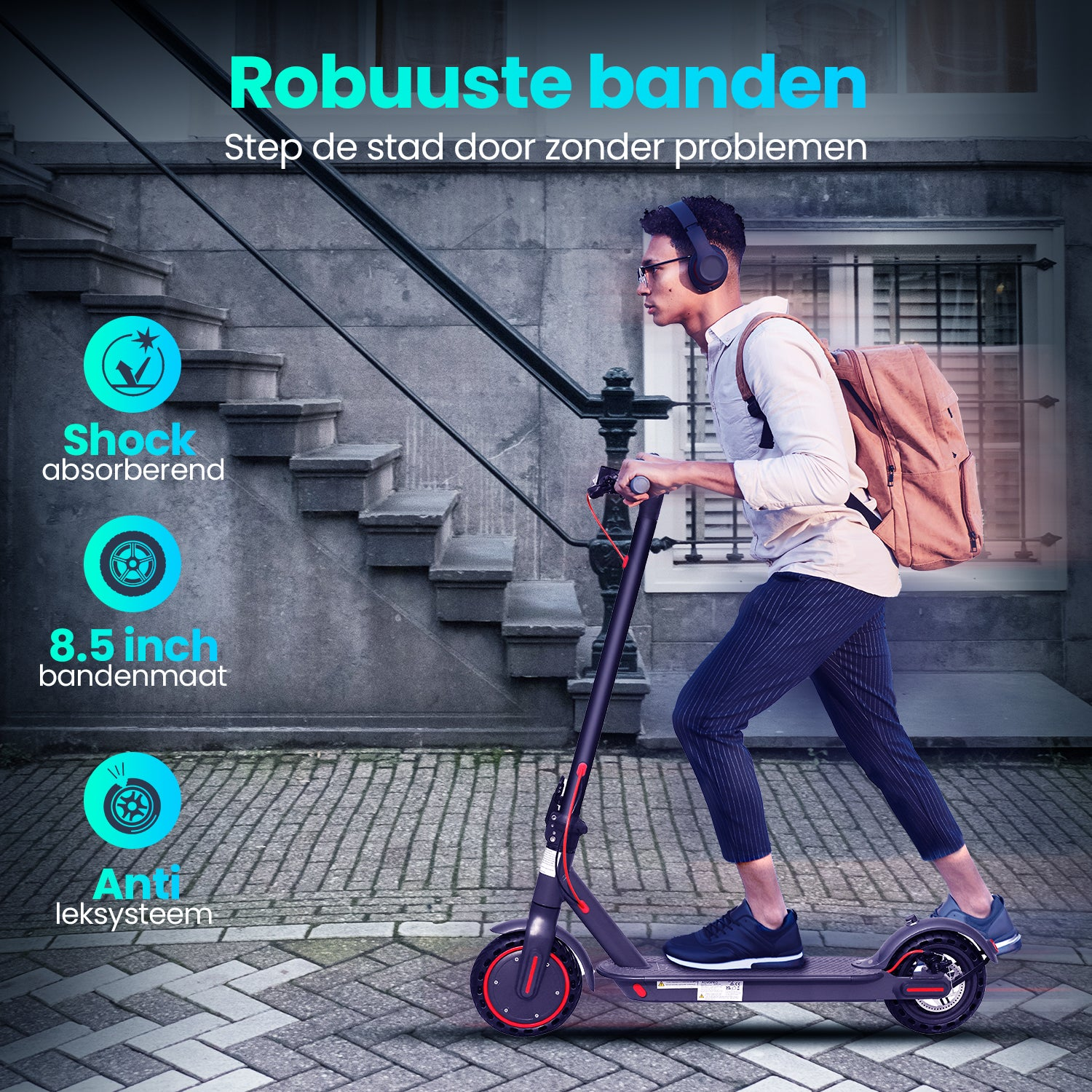 A man rides an electric scooter on a city street. The background is a building.