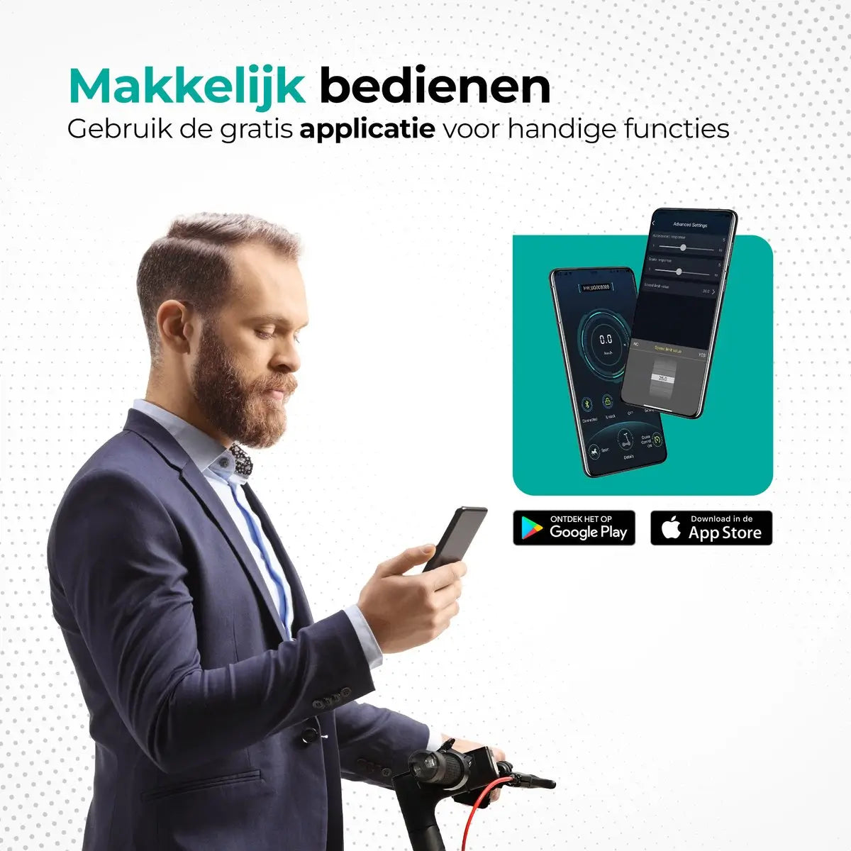 Man using smartphone and electric scooter. Text: Easy to use, download the app.