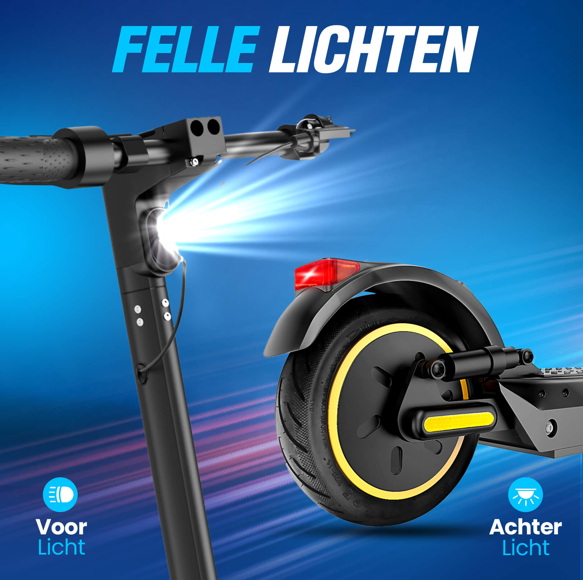 Black and yellow electric scooter. Text: Felle lichten, front and rear light.