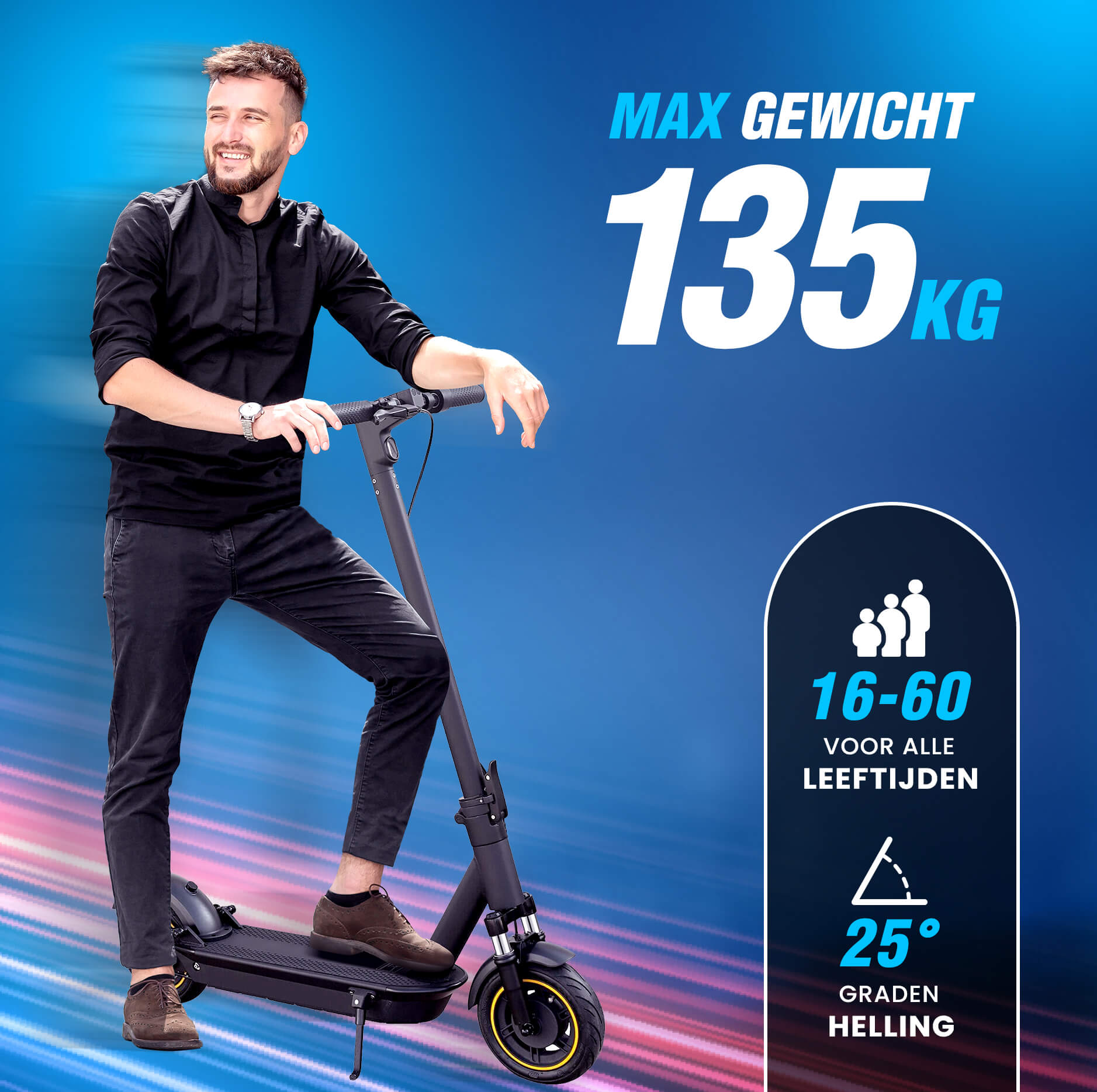 Man on a scooter with text stating Max weight 135KG. Also shown is age range and incline.