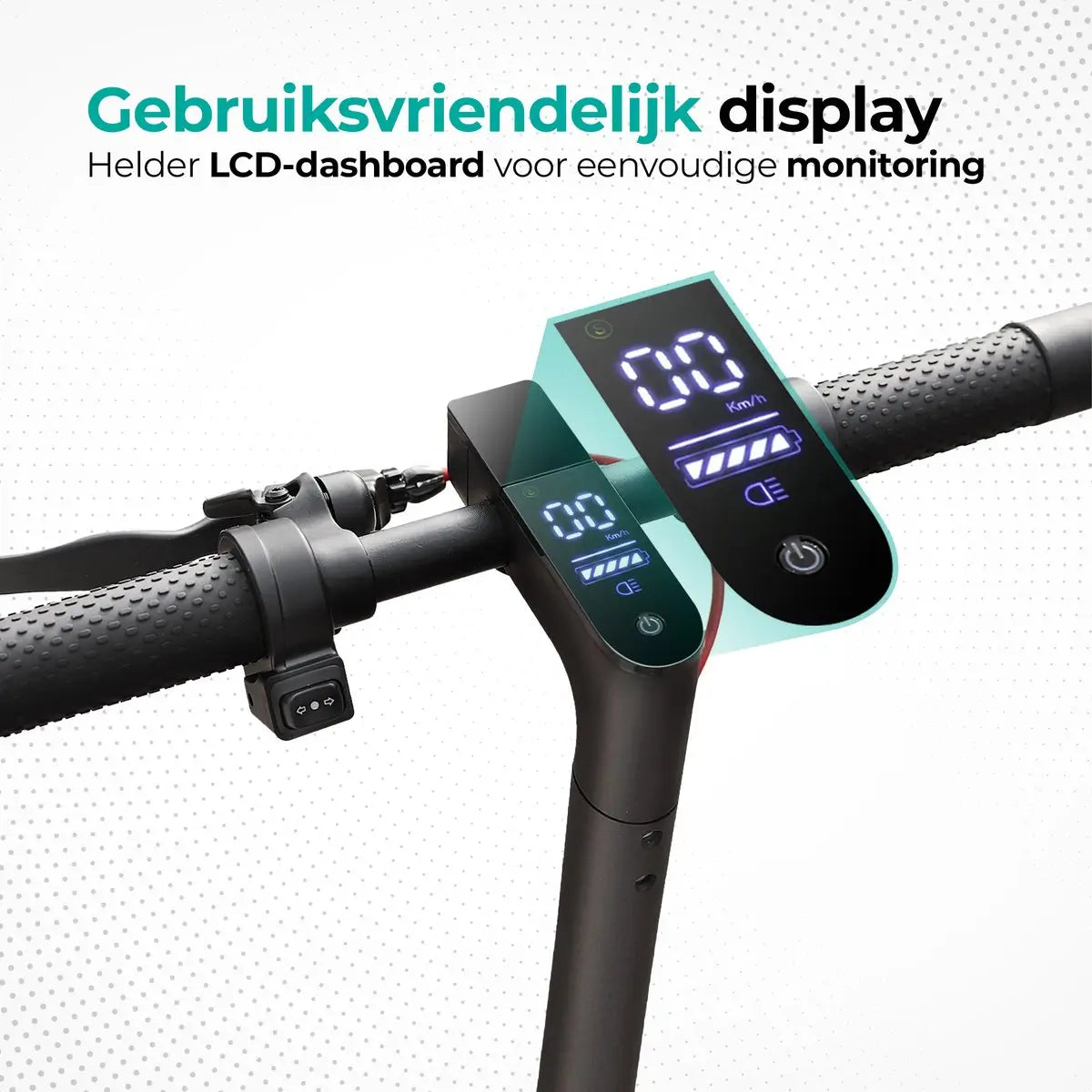 Electric scooter dashboard. Text: Gebruiksvriendelijk display, Helder LCD-dashboard.