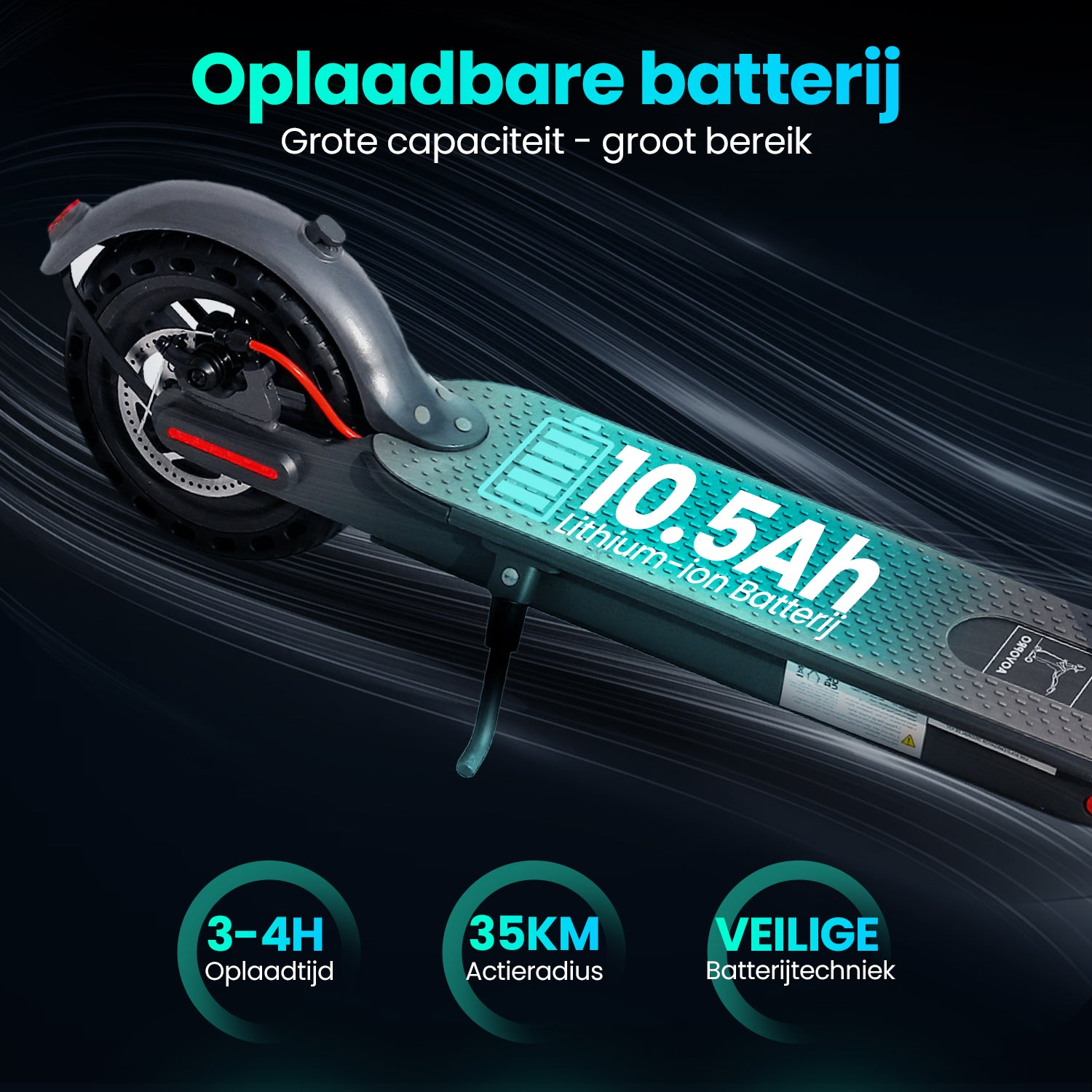 Electric scooter. Text overlay shows battery capacity, range, and charging time details.