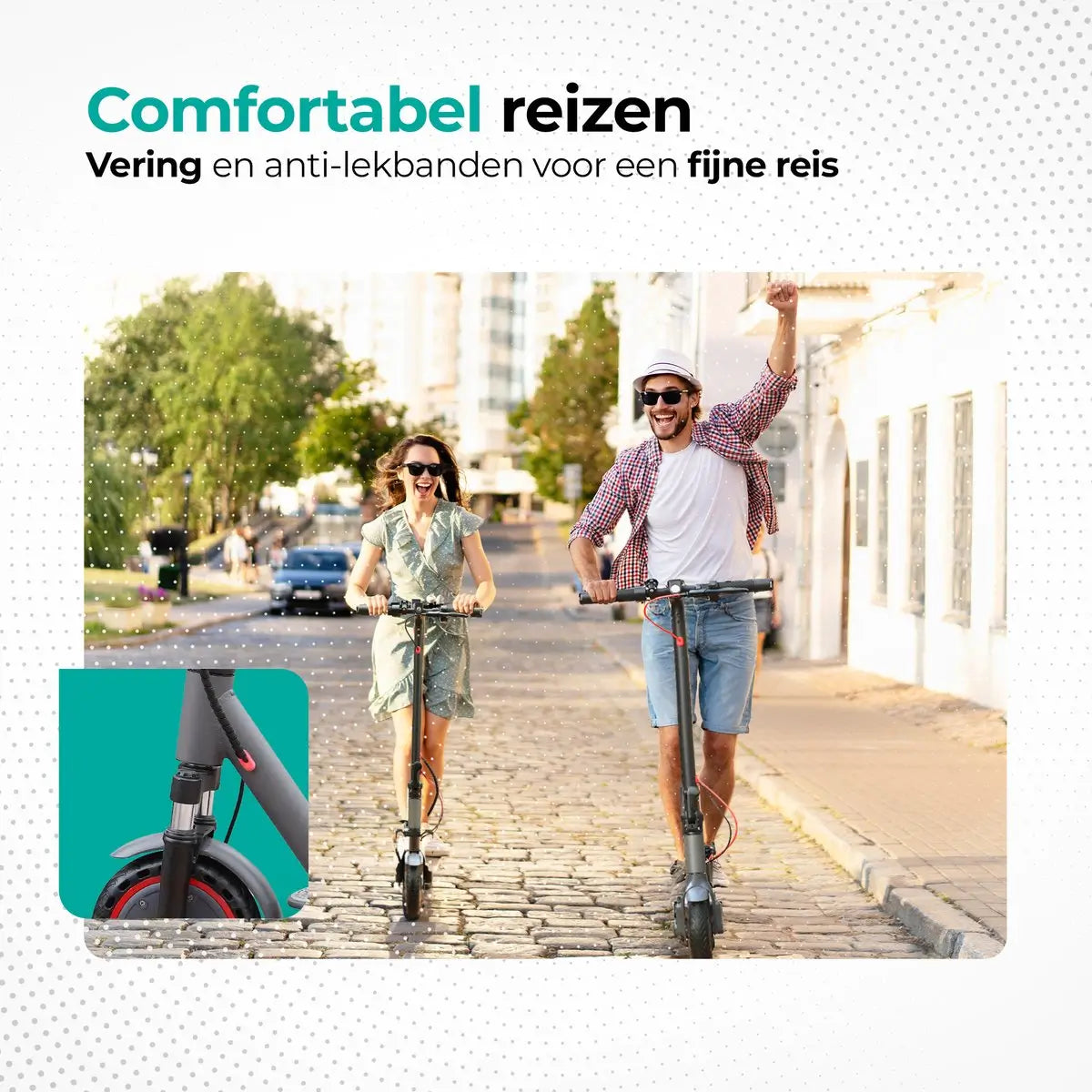 A couple rides scooters on a city street. Text: Comfortable travel. Detail shows suspension and anti-leak tires.