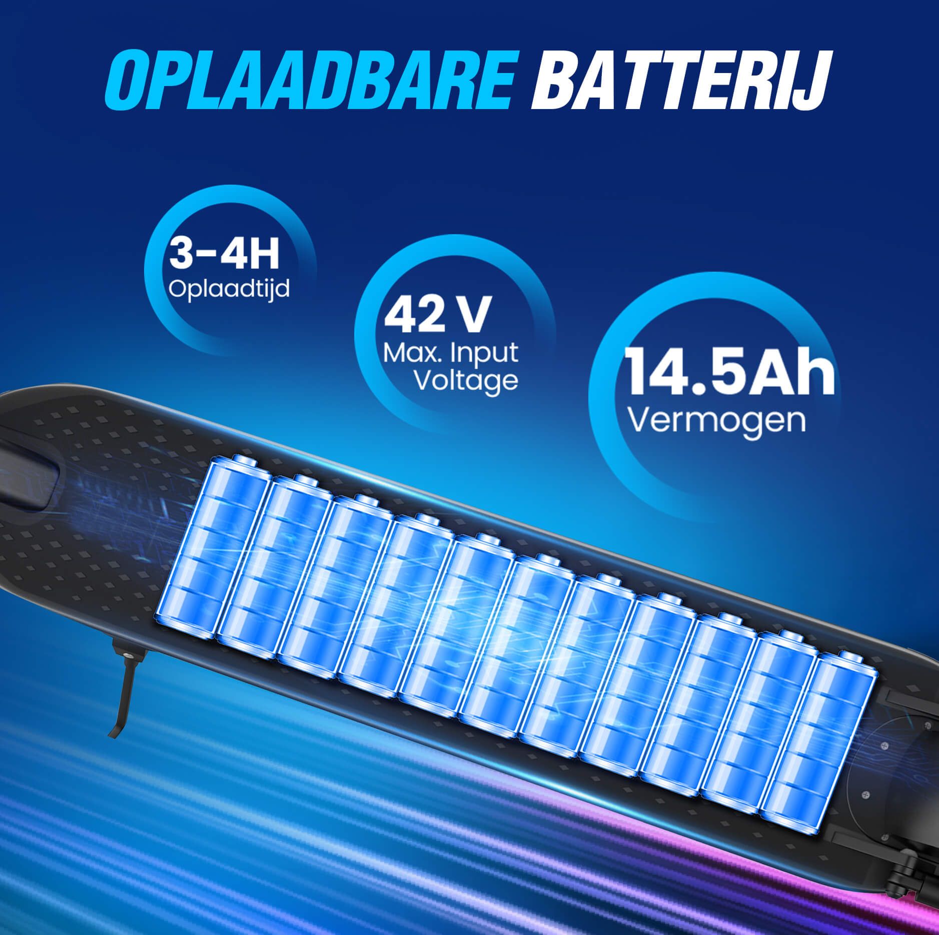 Close-up of a scooter battery. Text: Rechargeable battery. 3-4H charging time. 42 V max input voltage. 14.5 Ah power.