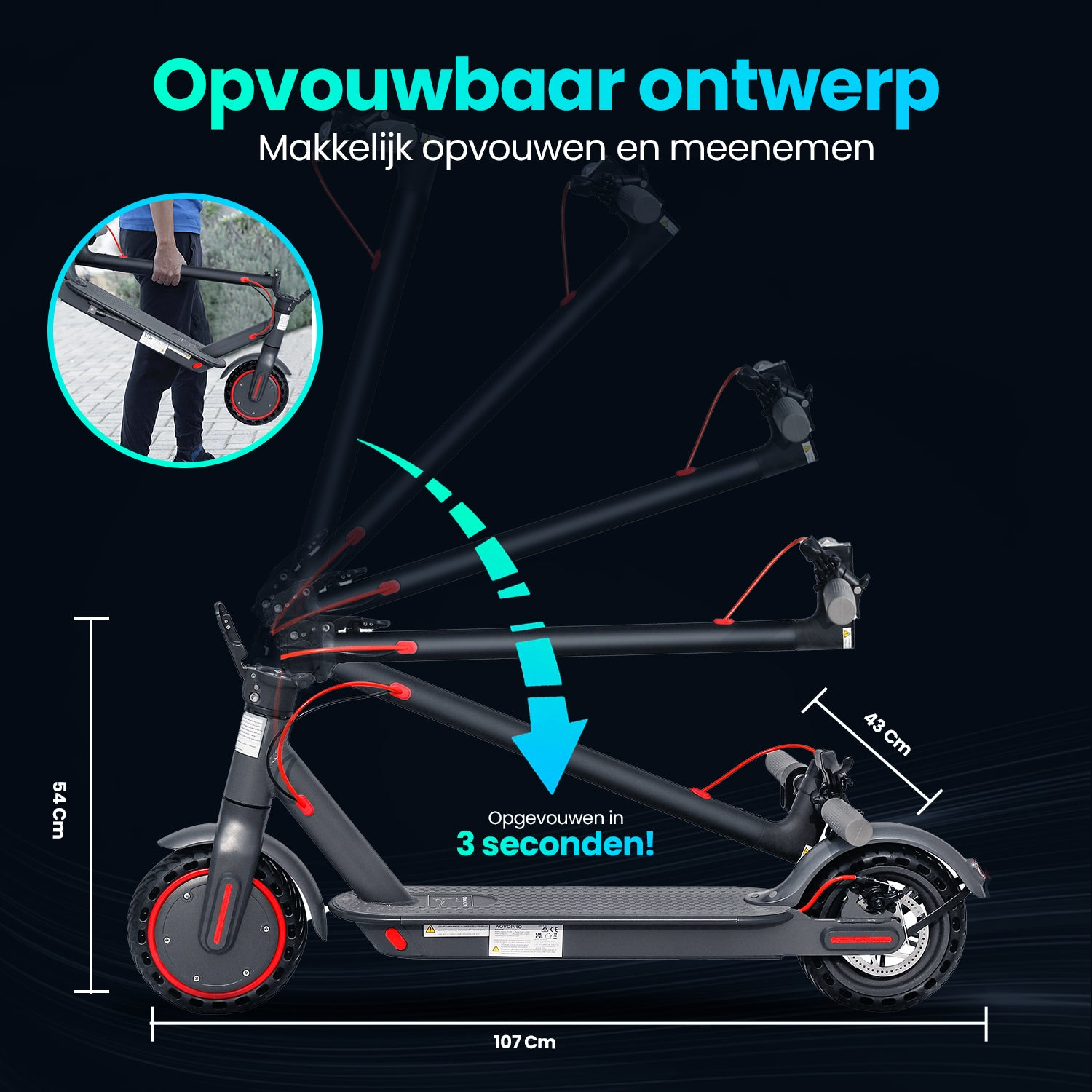 Black and gray foldable scooter with red accents. Dimensions: 107cm long, 54cm high, 43cm wide.