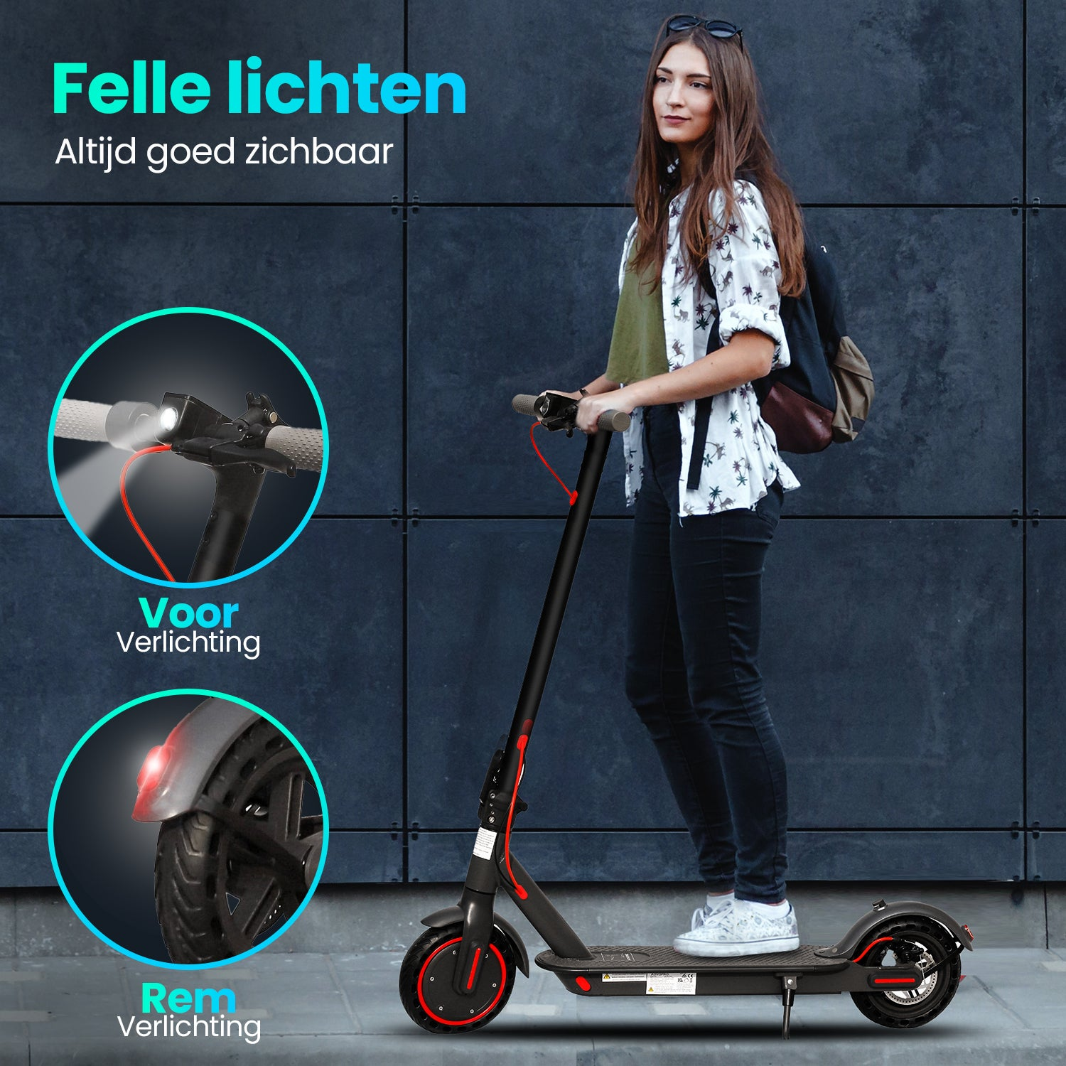 Woman on a scooter with lights on. Text indicates bright lights and visibility.