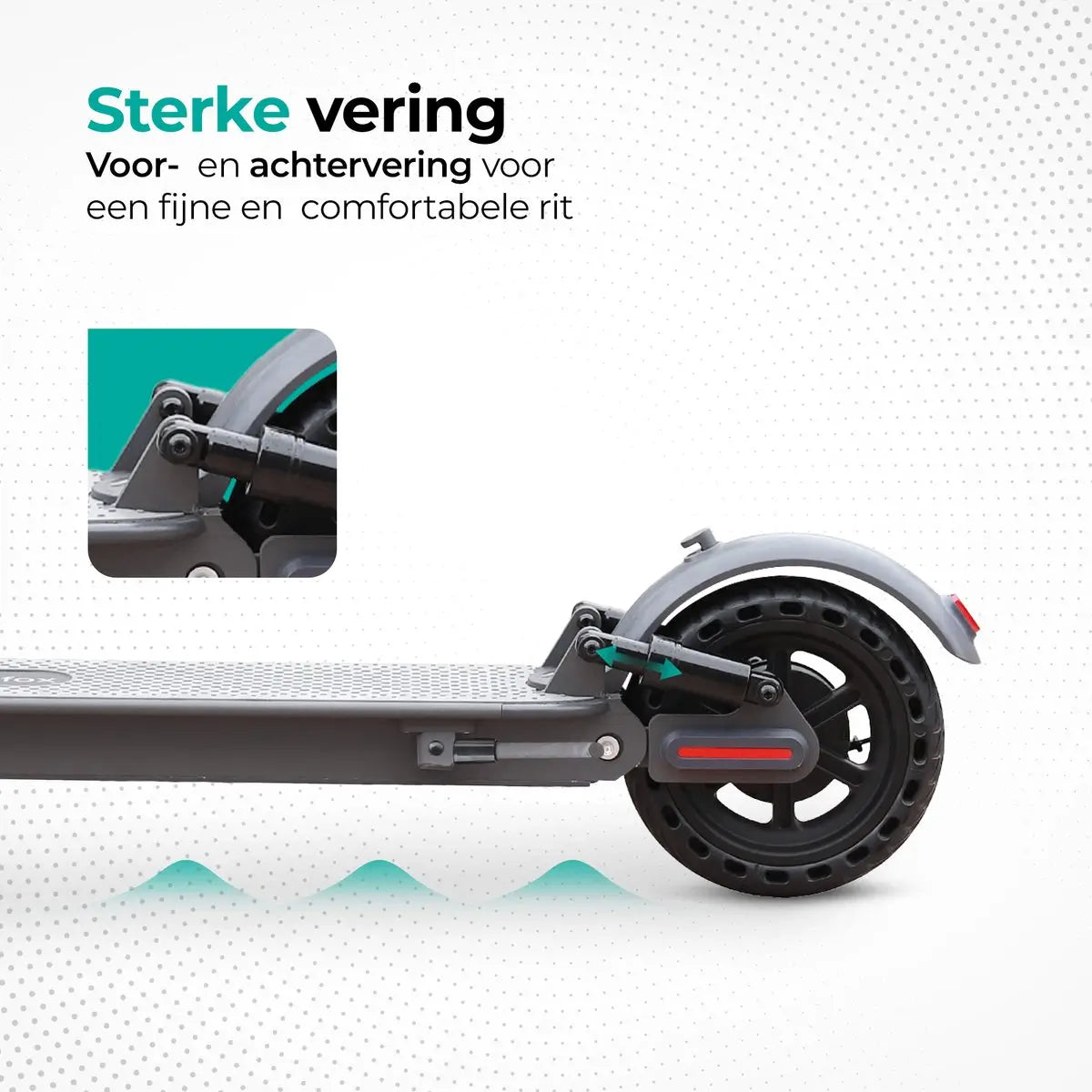 An electric scooter's side view. It shows the wheel, suspension, and a small inset image.