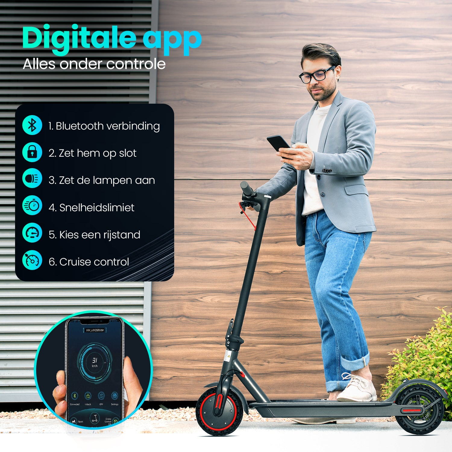 A man standing with an e-scooter next to a wooden wall. He's holding a phone with an app interface.