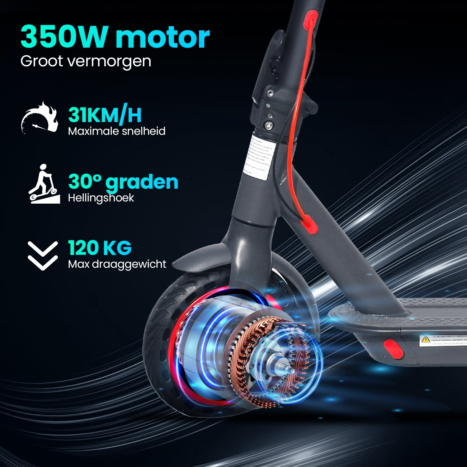 Electric scooter with text: 350W motor, 31KM/H, 30° gradient, 120 KG max weight. Blue light on the motor.