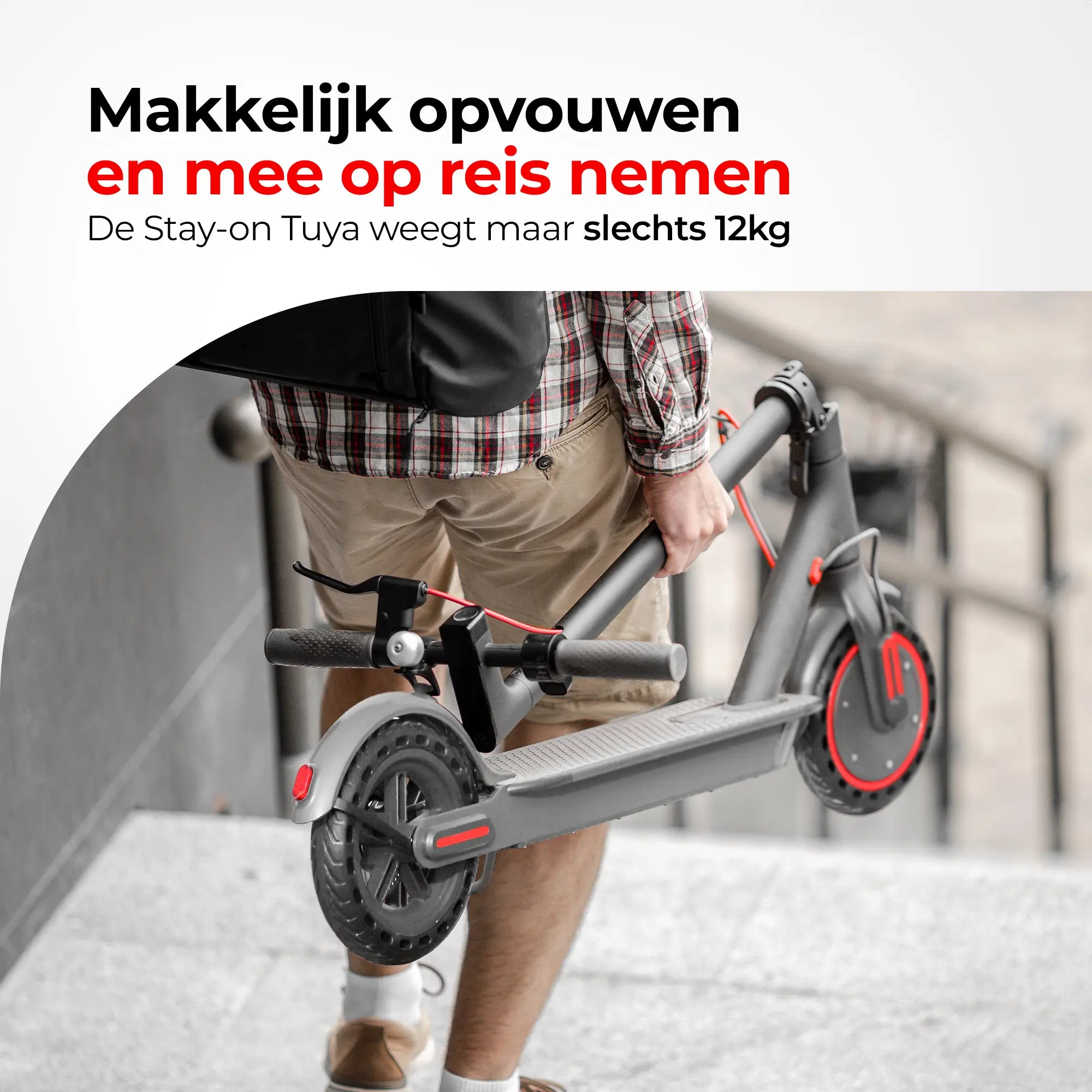 Person carrying a folded gray electric scooter. Text says 'Easy folding and travel'. The scooter weighs 12kg.