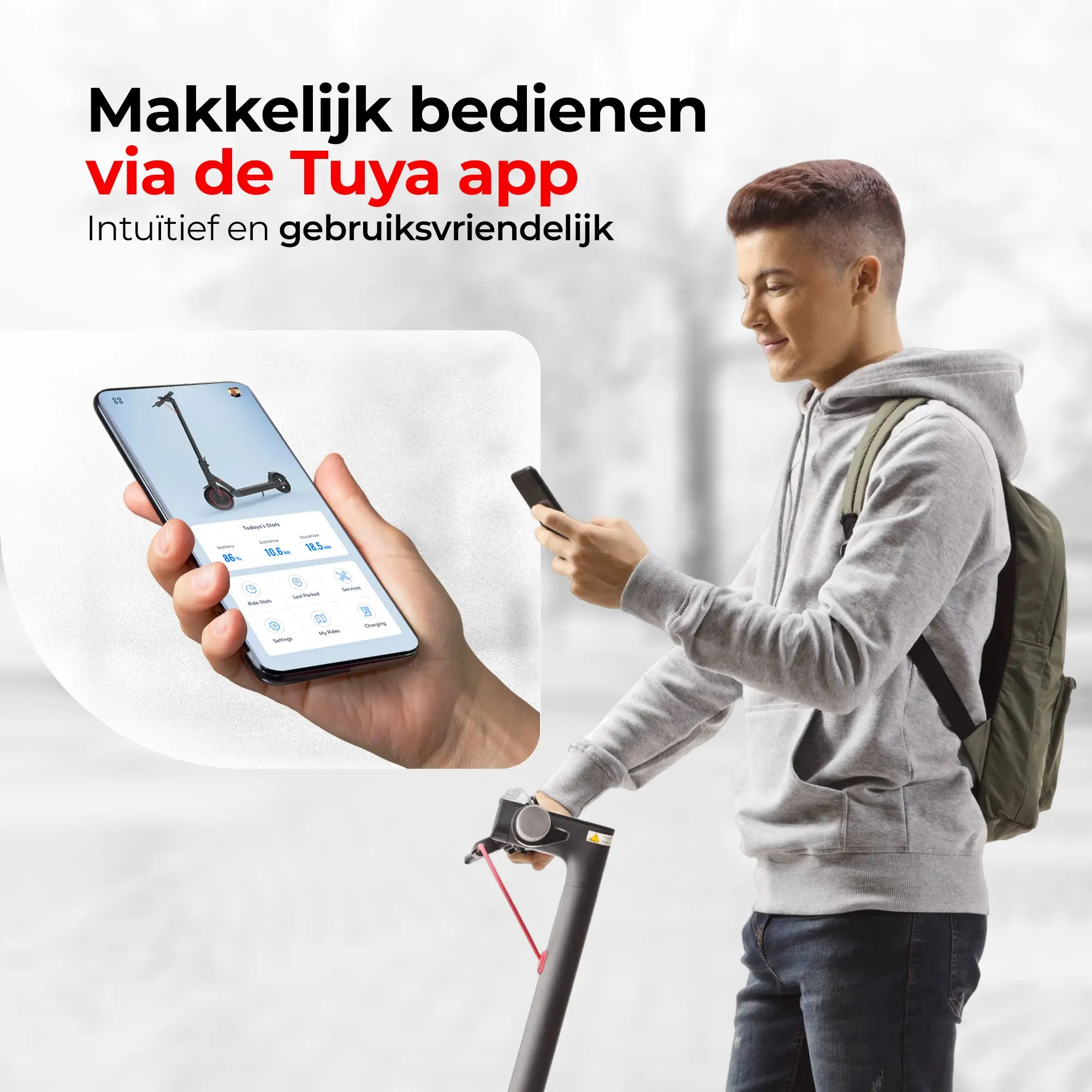 Man using a phone to control a scooter via an app. The scooter is nearby.
