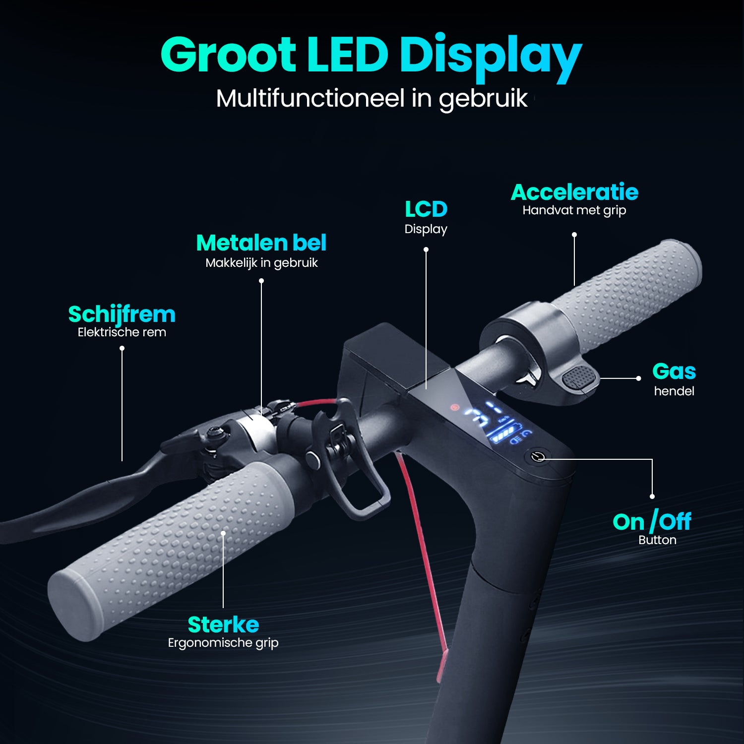 Scooter handlebar with controls and display. Features include: electric brake, metal bell, LCD display, on/off button, and grip.