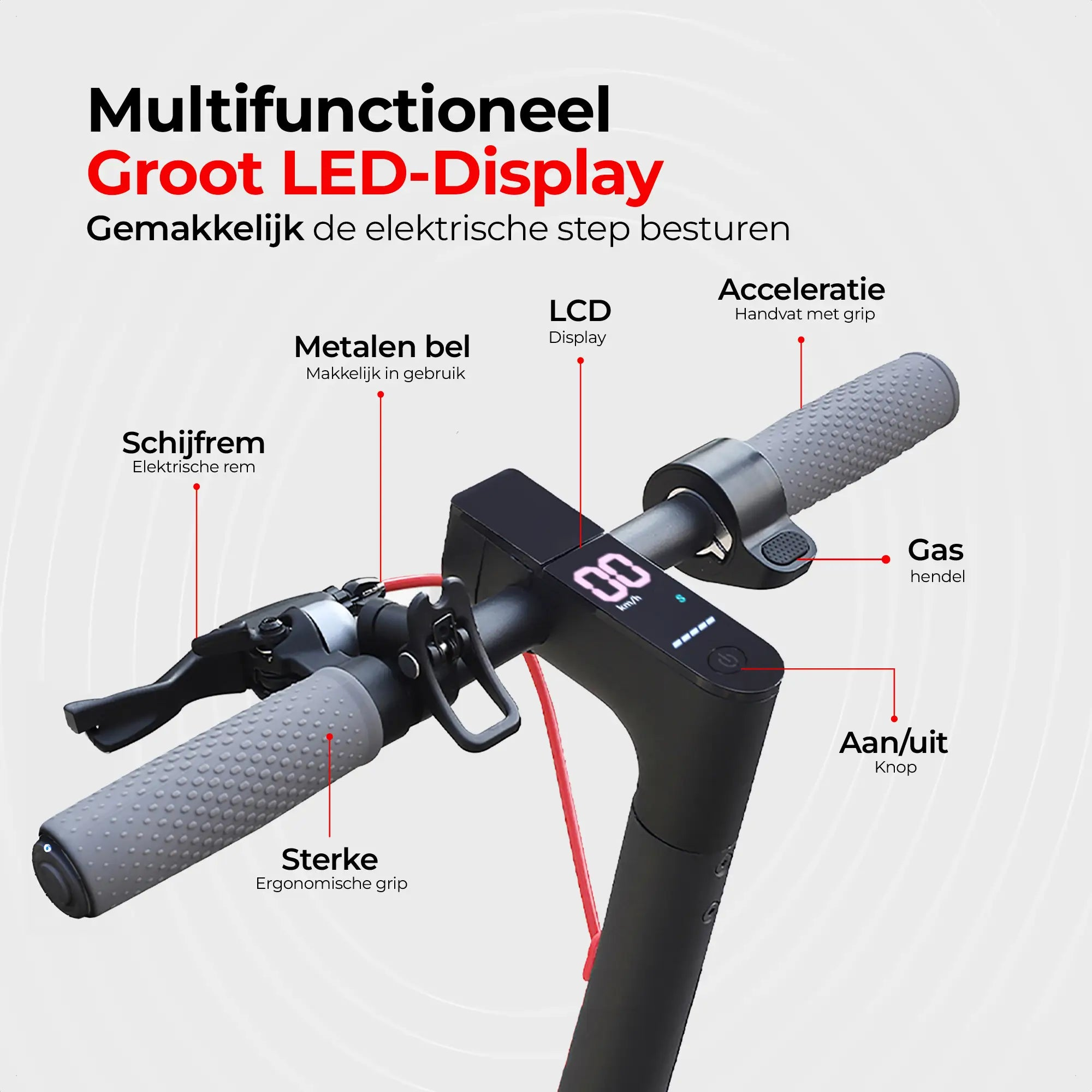 Close-up of an electric scooter's handlebar with controls like a display, brakes, and a bell.