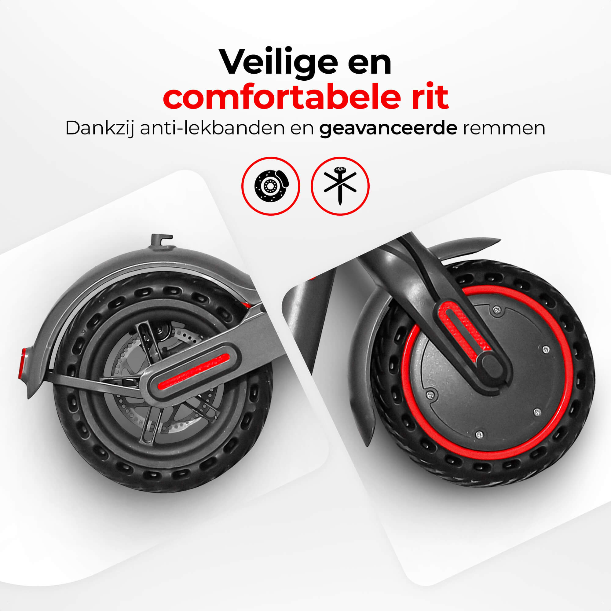 Close-up of scooter wheels with red accents. Text: Safe and comfortable ride.