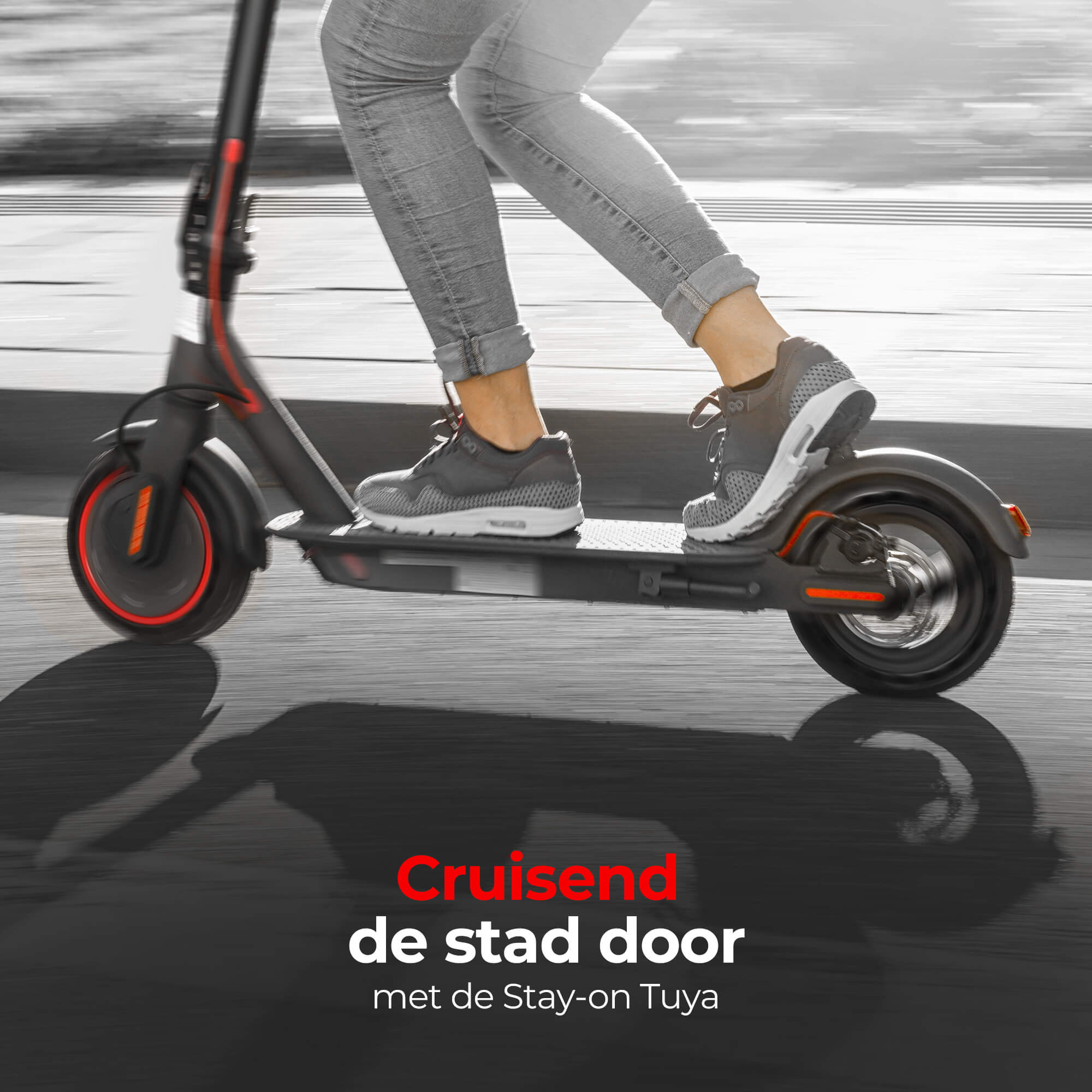 Person riding an electric scooter on a street. Text: Cruising through the city.