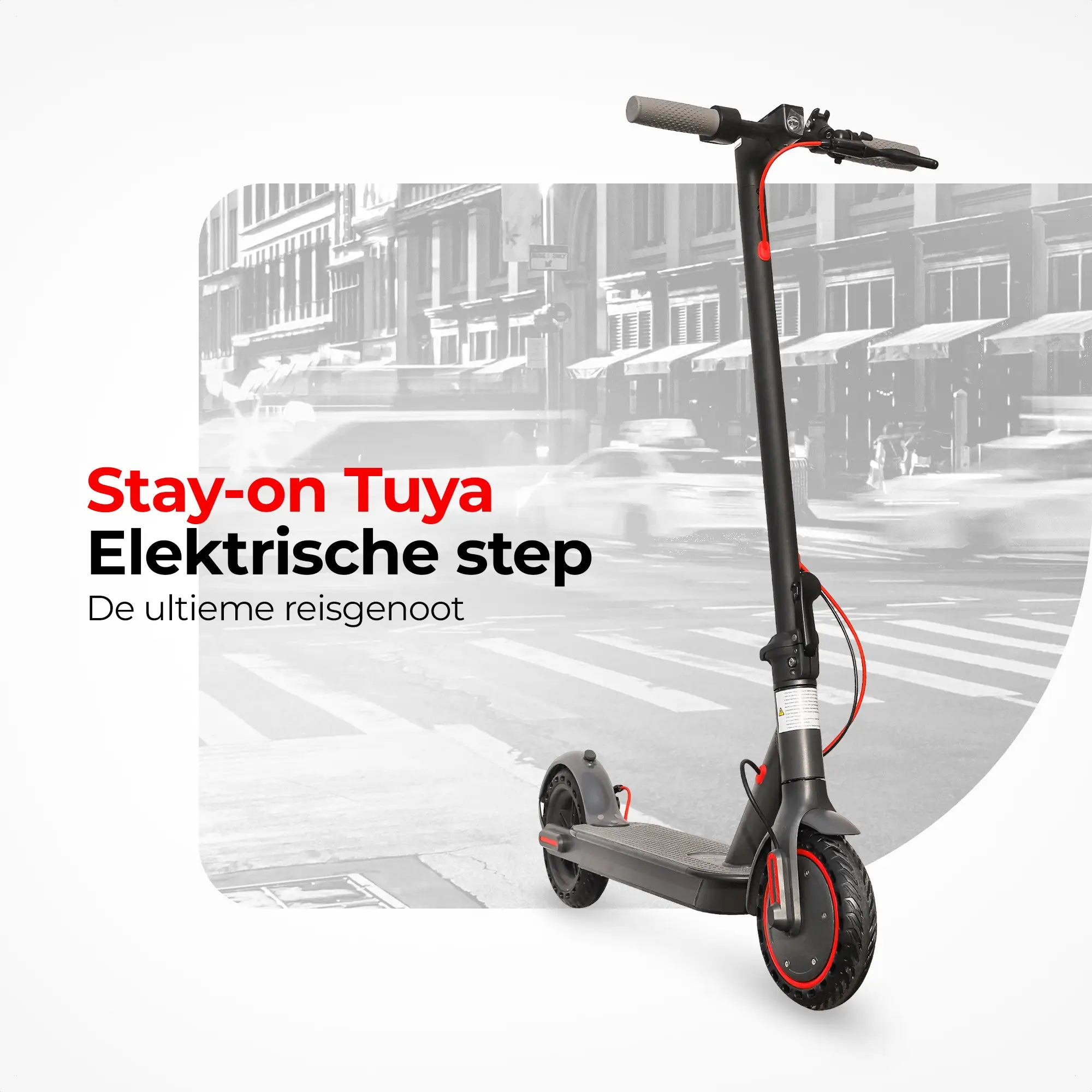Black electric scooter on a city street. Text: Stay-on Tuya, Elektrische step.