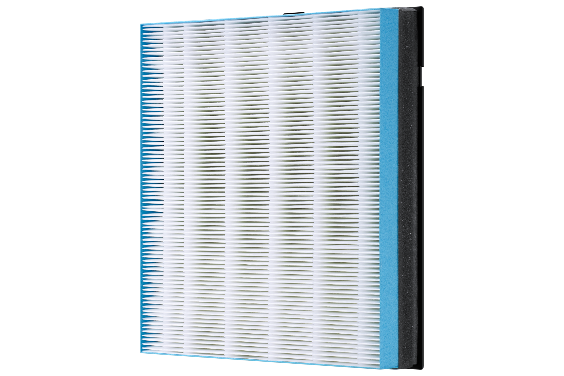 Filtro dell'aria bianco e blu. Primo piano con sfondo nero.