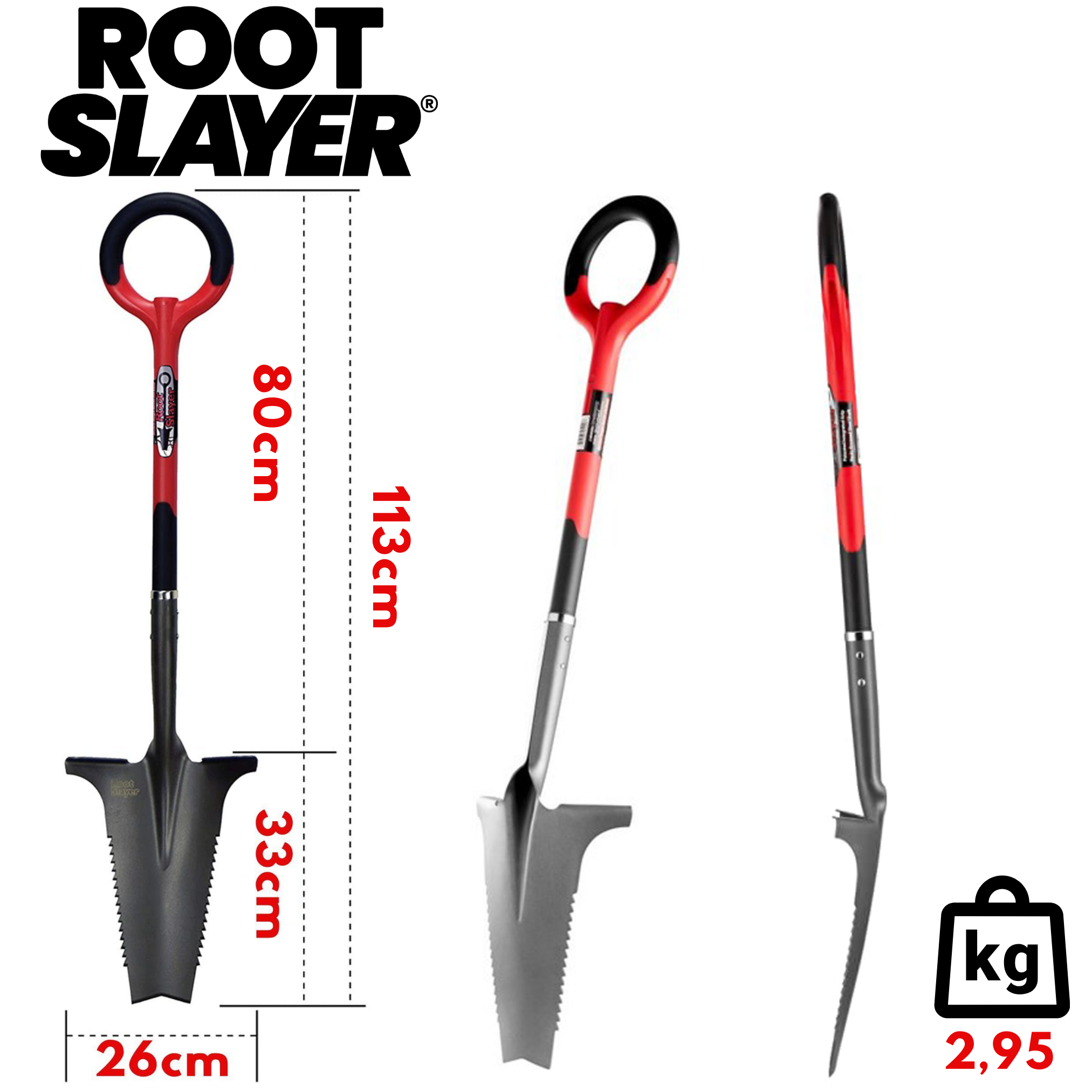 Root Slayer Spaten mit Maßen. Schwarz und rot.