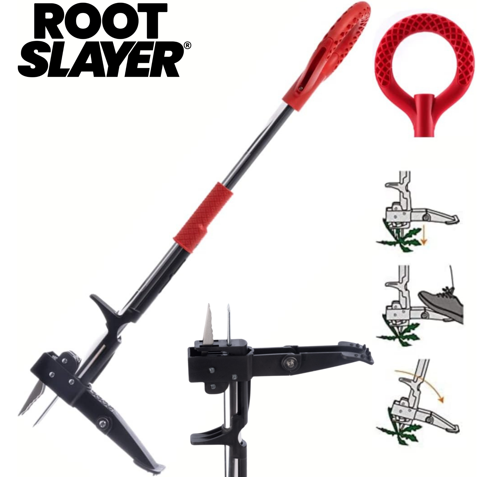 Root Slayer Werkzeugsatz mit Illustrationen zur Anwendung.