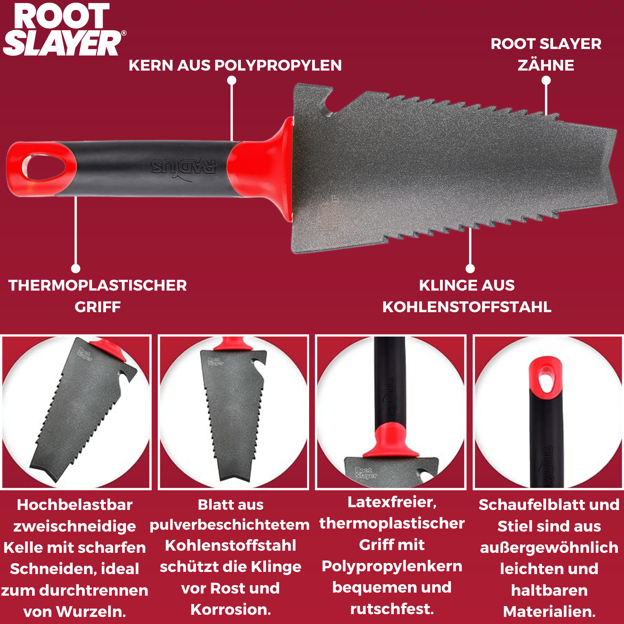 Ein schwarzes und rotes Gartengeräteset mit Etiketten und Nahaufnahmen.