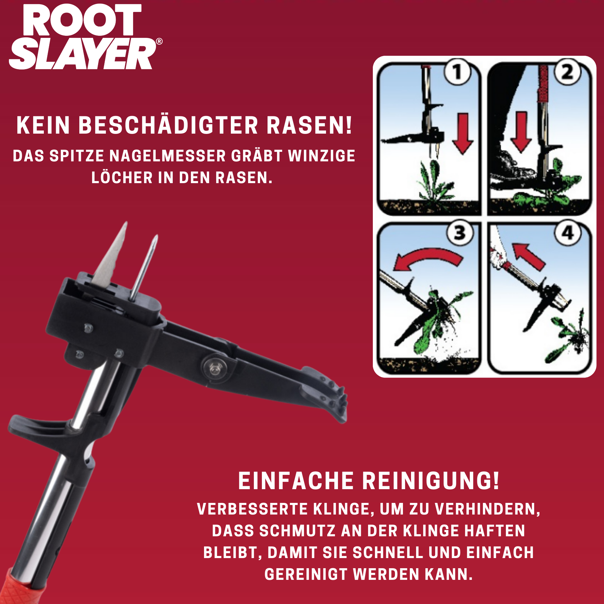 Unkrautentfernungswerkzeug und Anweisungen auf rotem Hintergrund. Schwarzes und silbernes Werkzeug mit Diagrammen.