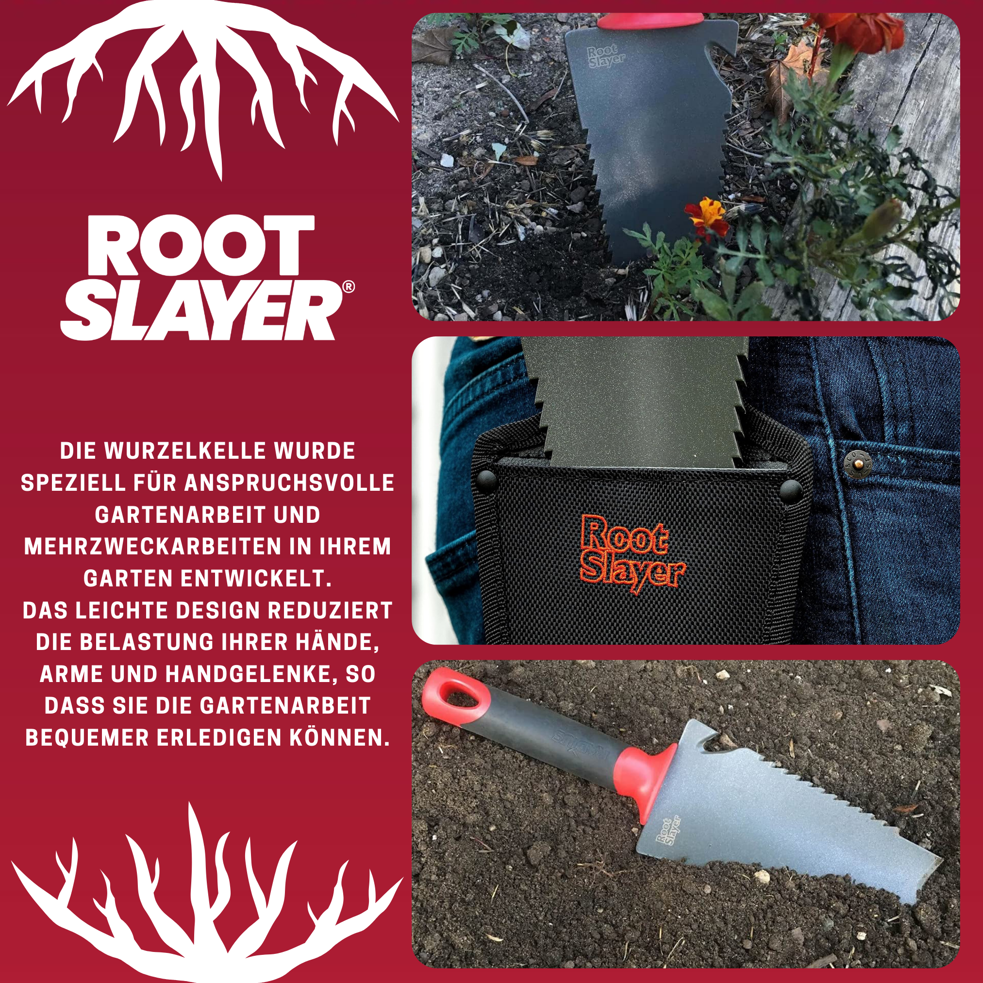 Collage eines Root Slayer Gartengeräts mit Text und Bildern seiner Verwendung.