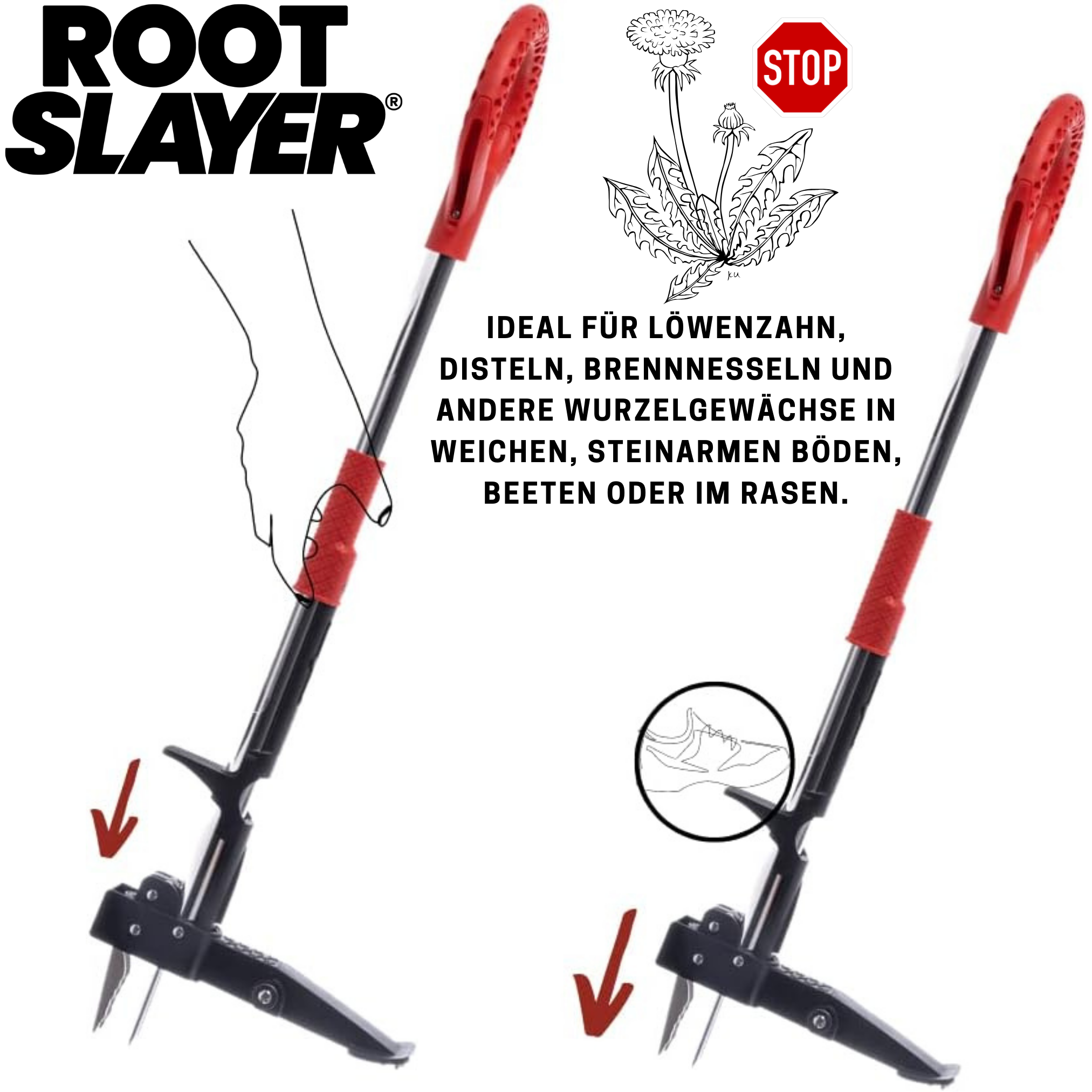 Unkrautentfernungswerkzeug mit deutschem Text. Löwenzahn und Fuß im Kreis visualisiert.
