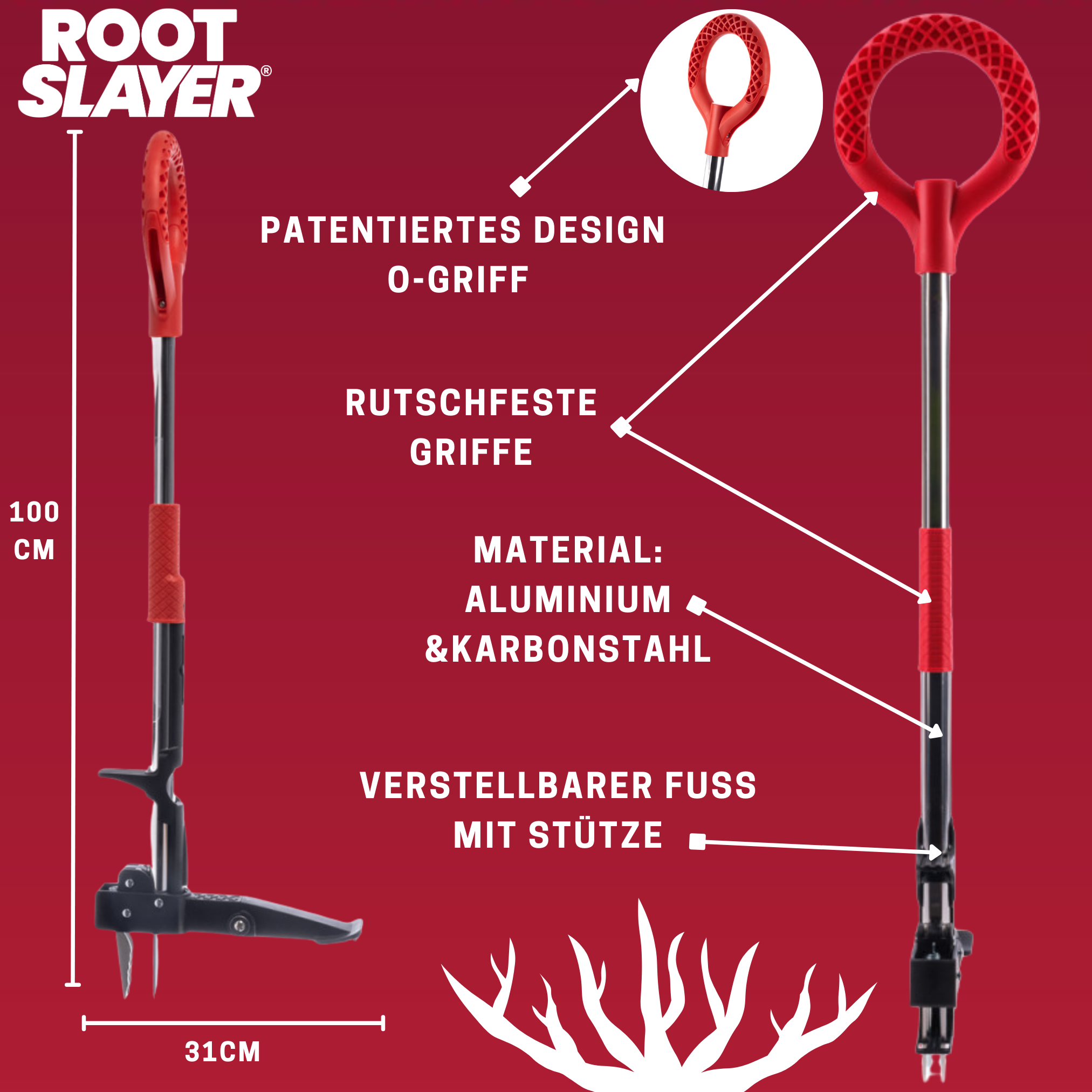 Ein Root Slayer Gartengerät mit roten Griffen und rotem O-Griff. Text und Diagramme sind vorhanden.