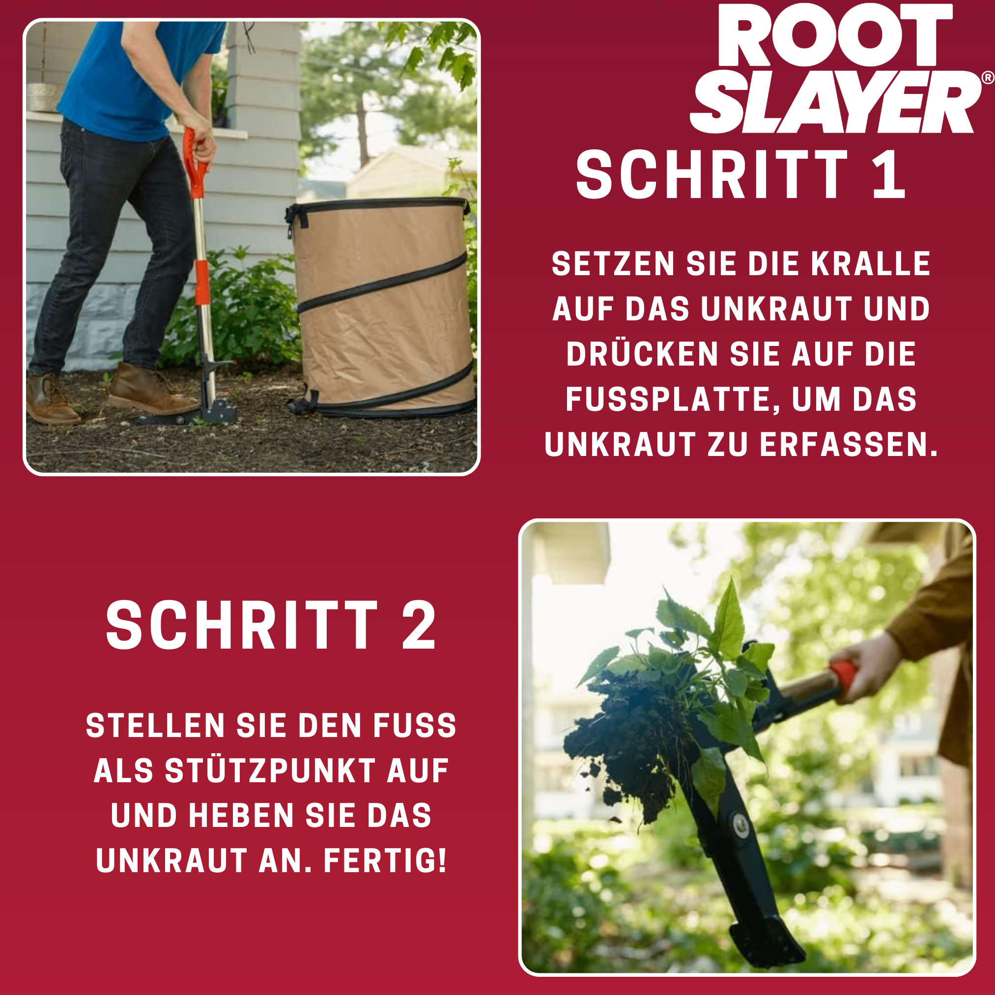 Mann, der einen Unkrautzieher benutzt. Braune Tüte und Haus im Hintergrund.