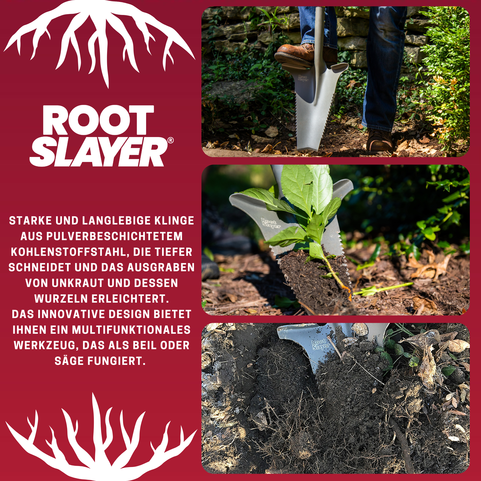 Bilder eines Werkzeugs, das durch Erde und Wurzeln schneidet, beschriftet mit Root Slayer.