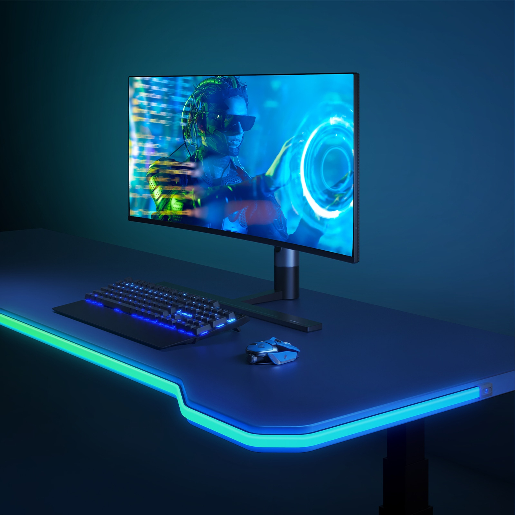 Gaming-Setup mit Monitor, Tastatur, Maus auf einem blau beleuchteten Schreibtisch.