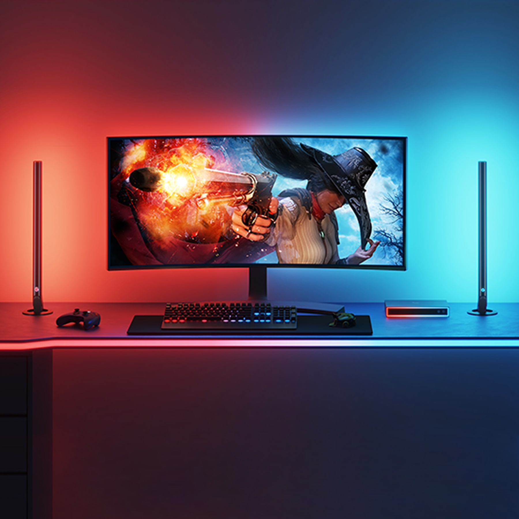 Ein Gaming-Setup mit Monitor, Lichtern, Tastatur und Gamecontroller. Die Szene ist mit roten und blauen Lichtern beleuchtet.