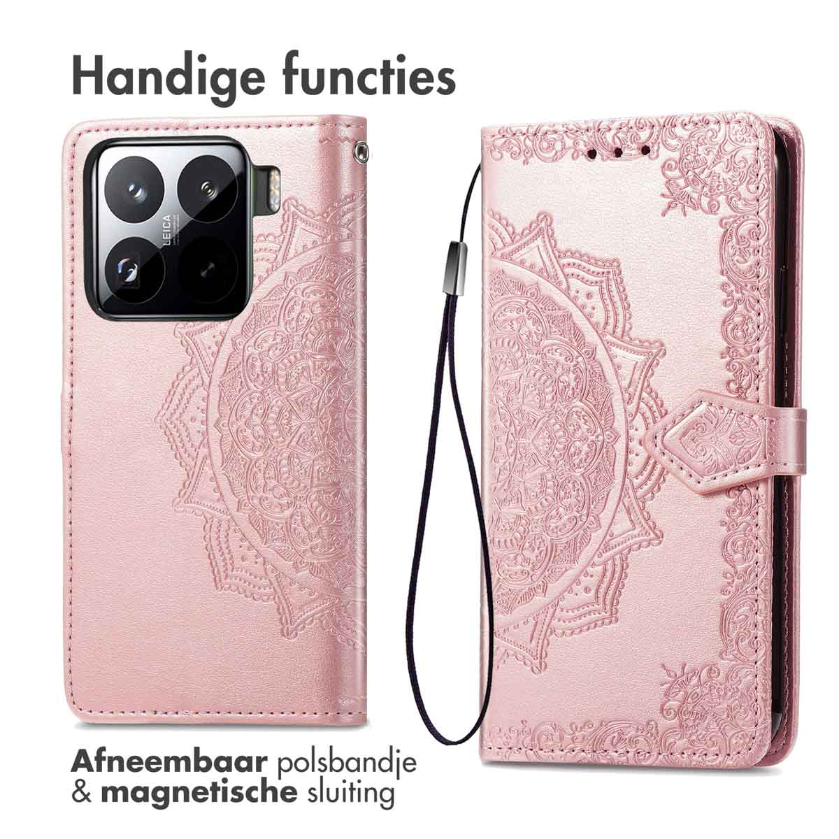 Roze telefoonhoesje met mandala-ontwerp, afneembare polsband en magnetische sluiting.